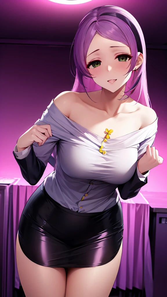 erotic、Mimosa、Purple hair、tall、 mature, Married women, White cutter shirt、Pencil Skirt、Office Lady、Off the shoulder、, Pink and black background, Pitch-dark bedroom, Dark Theme, evil, lure, excited, Condescending contempt, Lightly open your mouth、Sexy pose,