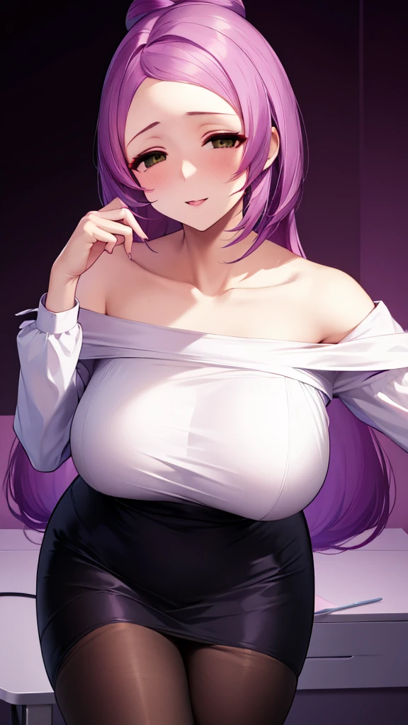 erotic、Mimosa、Purple hair、tall、 mature, Married women, White cutter shirt、Pencil Skirt、Office Lady、Off the shoulder、, Pink and black background, Pitch-dark bedroom, Dark Theme, evil, lure, excited, Condescending contempt, Lightly open your mouth、Sexy pose,