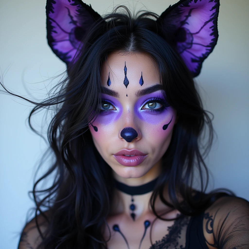 Woman，Beast Head，See animal makeup，fantasy creatures，very cute，eyes large，black and white hair，velues，dark wind，subculture，flirt，High clarity，clean background，High definition