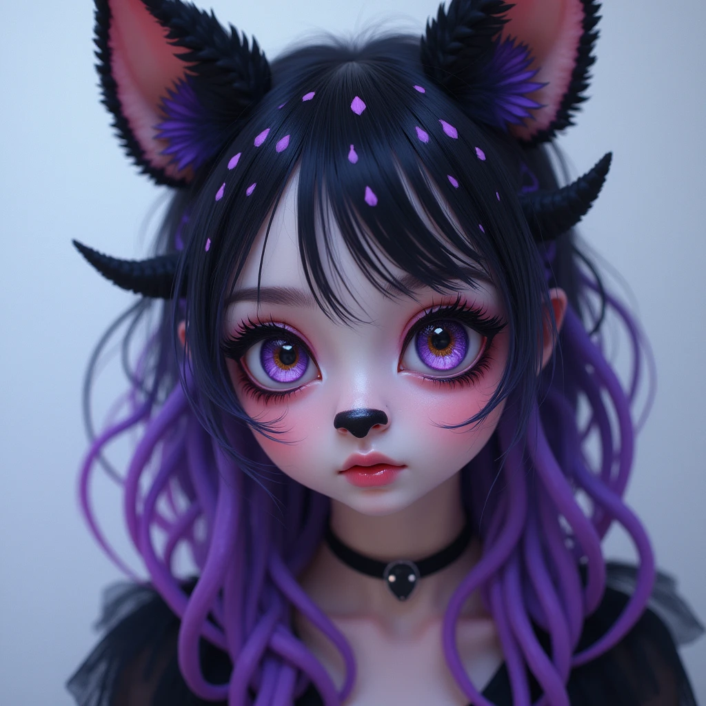 Woman,Beast Head,See animal makeup,fantasy creatures,very cute,eyes large,black and white hair,velues,dark wind,subculture,flirt,High clarity,clean background,High definition