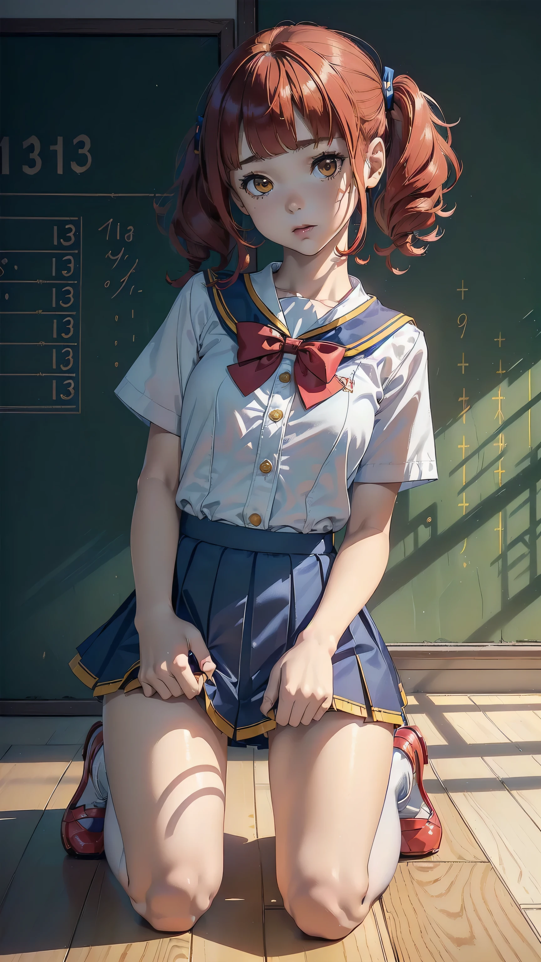 ((top quality, ultra-detailed, high resolution, extremely detailed CG, unity 8k wallpaper, by famous artist, perfect anatomy, super detailed skin, cinematic lighting, UHD, retina, anatomically correct, 1080P)), (Please draw a single one happy girl kneeling  in a classroom school :1.3), ((1girl)), (Solo, face,13-year-old:2.0), a junior high school student, ((cute petit girl, chibi, babyface)) androgynous charm, (Medium hair, ((full red hair)) ((redhead)), pigtails, straight bangs, with a bow in her hair, ((very thin legs)), ((skinny legs, thin body, small build)), Full limbs, complete fingers, ((perfect fingers and hands)), flat chest, small breasts, childish body, small butt, groin, Beautiful detailed full yellow gold eyes, perfect eyes, sailor school uniform, ((blue skirt)) and white blouse, ((red bow on the blouse)), blue sailor collar, short sleeves, stockings, socks outlined with black stripe, shoes, (Detailed Lighting), ((classroom background)), (Detailed scenary background), ((in the school zone)), full body view, ((kneeling )), legs. Cute, kawaii single girl (one girl), full body shot. ((Background is the school)), front body, ((left hand up, right hand down)), ((little young 13 years old body:1.3))