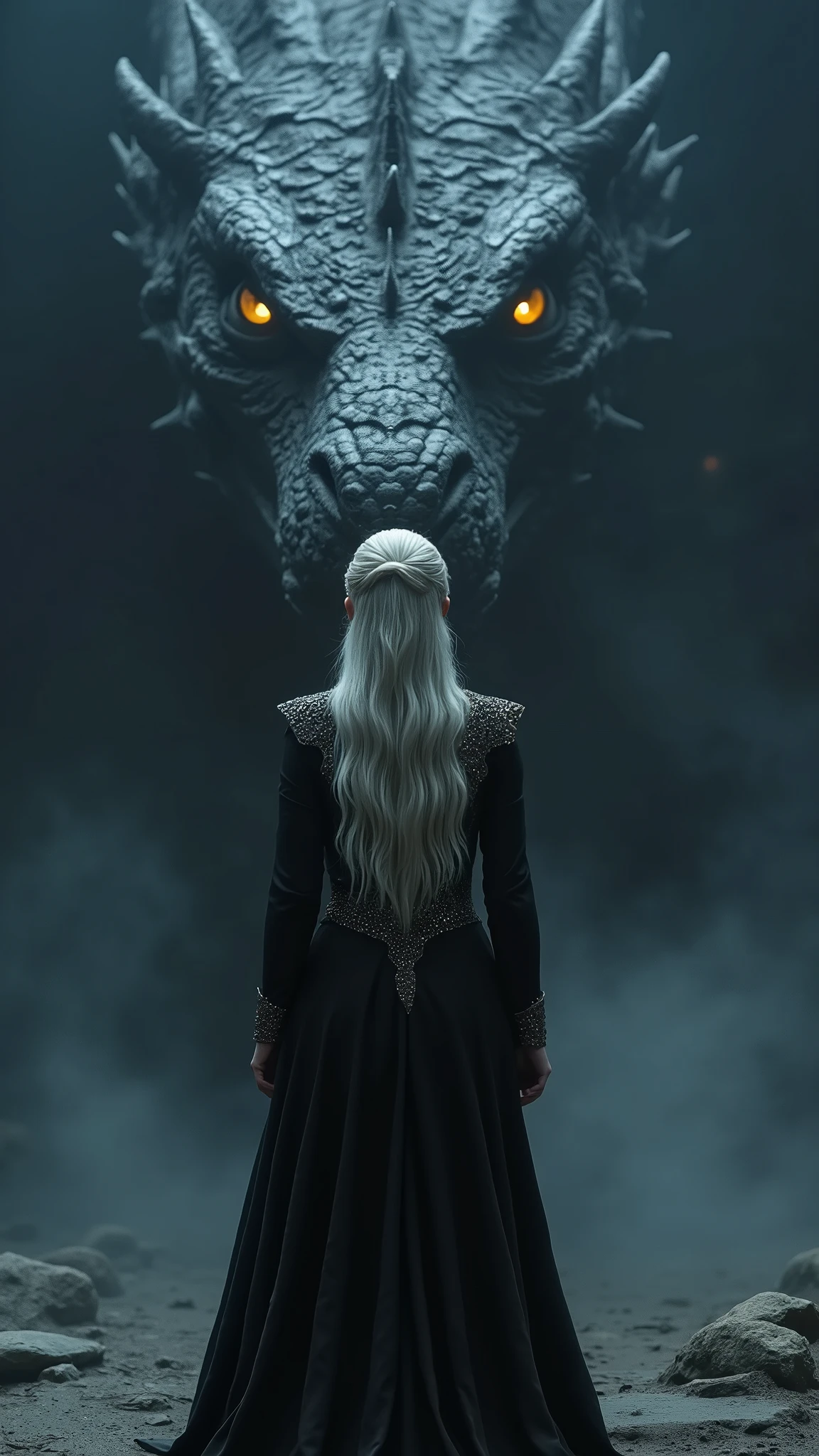 An ultra-realistic and highly detailed image of the head of an enormous dragon rendered by Unreal Engine 5. Only part of its massive head is framed in the image. It remains in the shadows, enveloped in a thick fog. It has bright yellow eyes with snake-like pupils and a sinister, malevolent expression. Its scales are completely black and highly detailed, not reflecting any light. The dragon is resting in a cave. In front of it, Daenerys Targaryen stands with her back to the camera, her distinctive long silver hair and a long black dress with silver details visible. There is a fog in the air. The image is composed with high contrast and dark colors, featuring a bokeh effect and a vignette effect. The scene is captured with a Sony A7R IV paired with a 135mm f/1.8 GM lens, ensuring stunning clarity and rich details. The lighting is dramatic and moody, with the dragon's eyes providing the only bright light source. The aspect ratio is 9:16, emphasizing the vertical composition