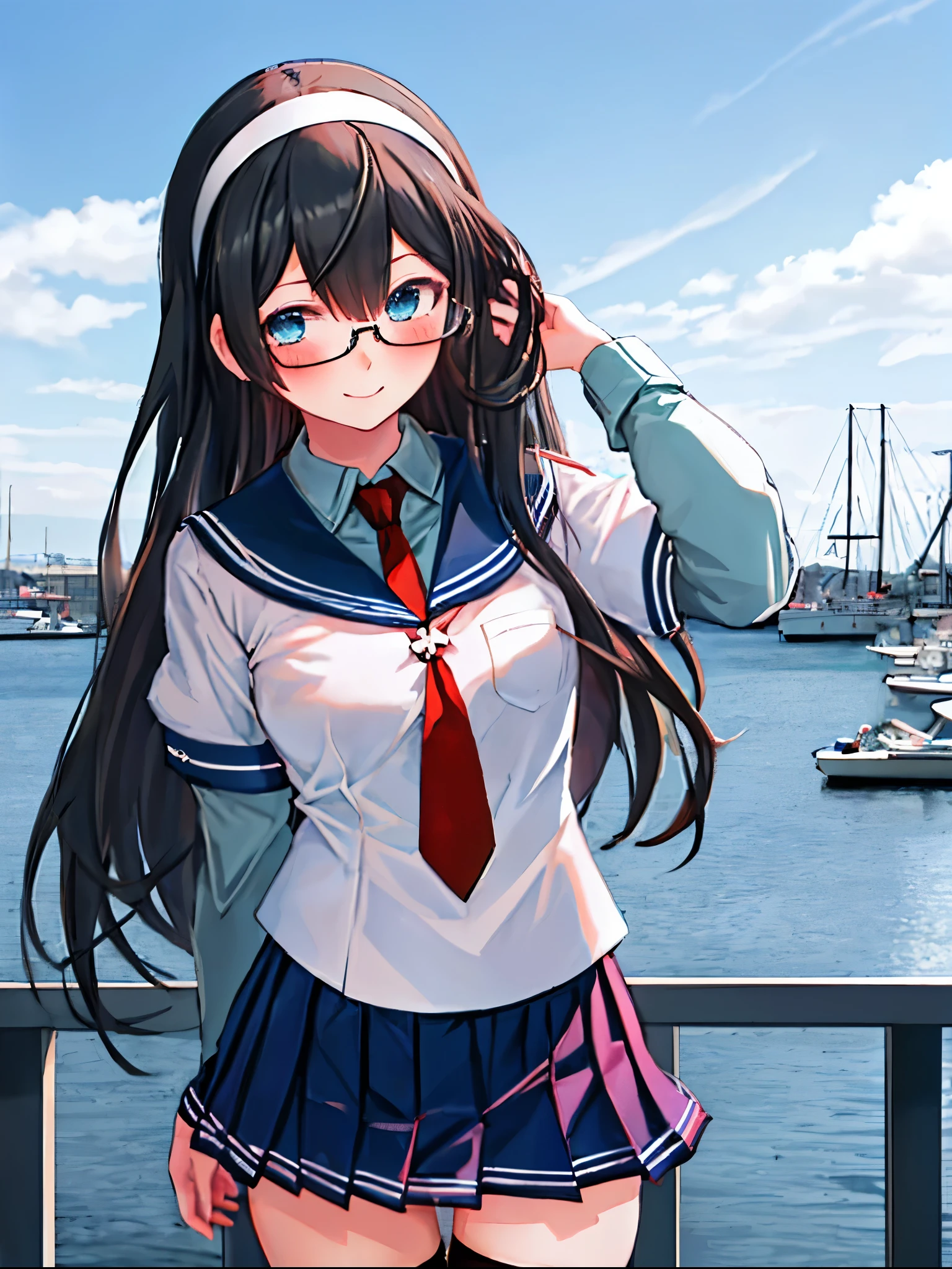 best quality, masterpiece, highres, solo, {ooyodo_kantaicollection:1.15}, black_hair, long_hair, glasses, hairband, semi-rimless_eyewear, under-rim_eyewear, blue_eyes, green_eyes, blush,small_breasts, 1girl, school_uniform, serafuku, pleats_skirt, looking_at_viewer, necktie, harbor_town_background, red_necktie,(angry:0.7),smile,,thigh-highs,solo