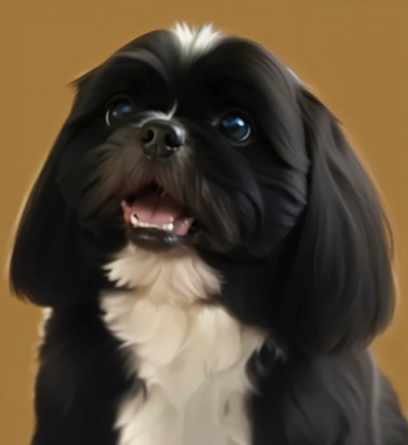 a very cute furry dog, hairs drawn like cartoon, perfectly drawn eyes, eyes like a cartoon drawing, beautiful eyes, perfect eyes, she is very happy, she is smiling, the image is very detailed