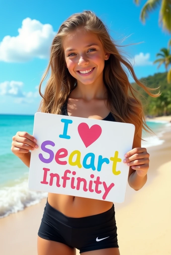Beautiful girl with wavy long hair, tight niker And bra , holding a white board with text "I Love Seaart Infinity" and showing it to the viewer