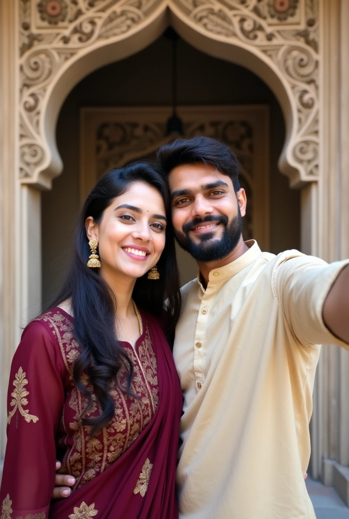 The image shows a young couple posing for a selfie in an ornate archway. The archway is made of stone and has intricate carvings on the walls. The woman is wearing a maroon traditional Indian outfit with a gold embroidered blouse and gold earrings. She has long dark hair and is smiling at the camera. The man is also wearing a beige kurta. They are standing close together and appear to be happy and relaxed.