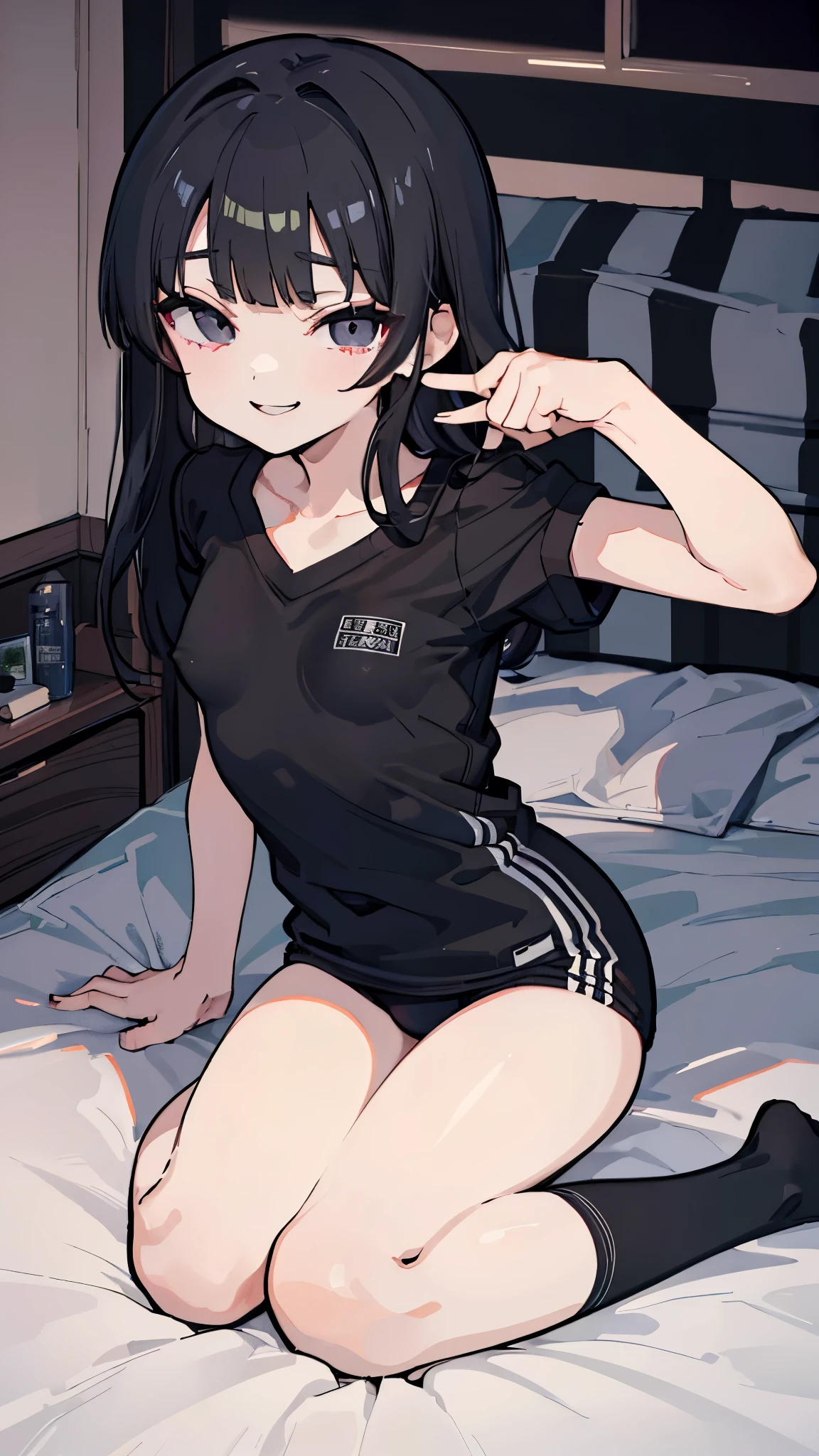 masterpiece、Highest quality、Very detailed))、One person、Black Hair、Black Hair、Long Hair、blunt bangs、Grey Eyes、evil smile、((Small breasts))、((gym uniform))、black socks、((wariza))、Sit flat、On the bed、Bedroom Background