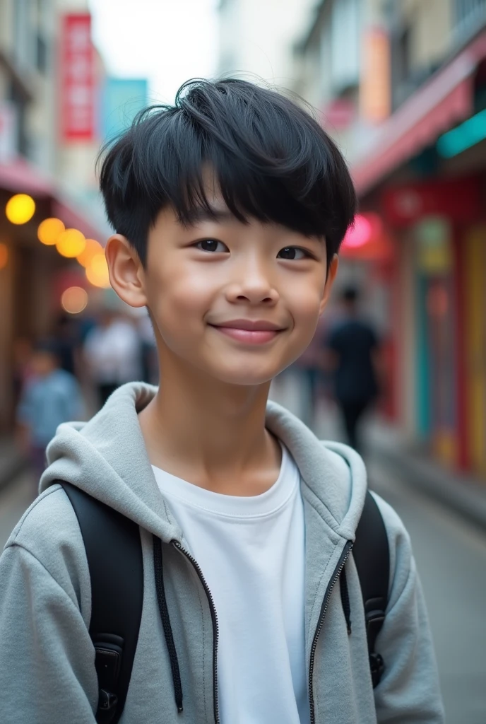 Asian boy, white skintone, amazing boy haircut, iPhone photo, realistic, super pretty, looks like a idol even in normal clothes 18-19 make it an Instagram pic, Black hair