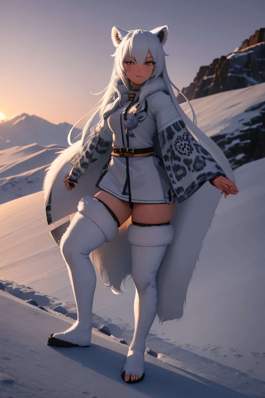 A 21 year female snow leopard demi-human mage on a snow covered mountain.High Resolution,Looking at viewer, Breasts, Animal Ears, Teeth, Feet Out Of Frame, Depth Of Field, 3D Rendering, Anime Style, Yellow Eyes, Makeup, Nose Blush,