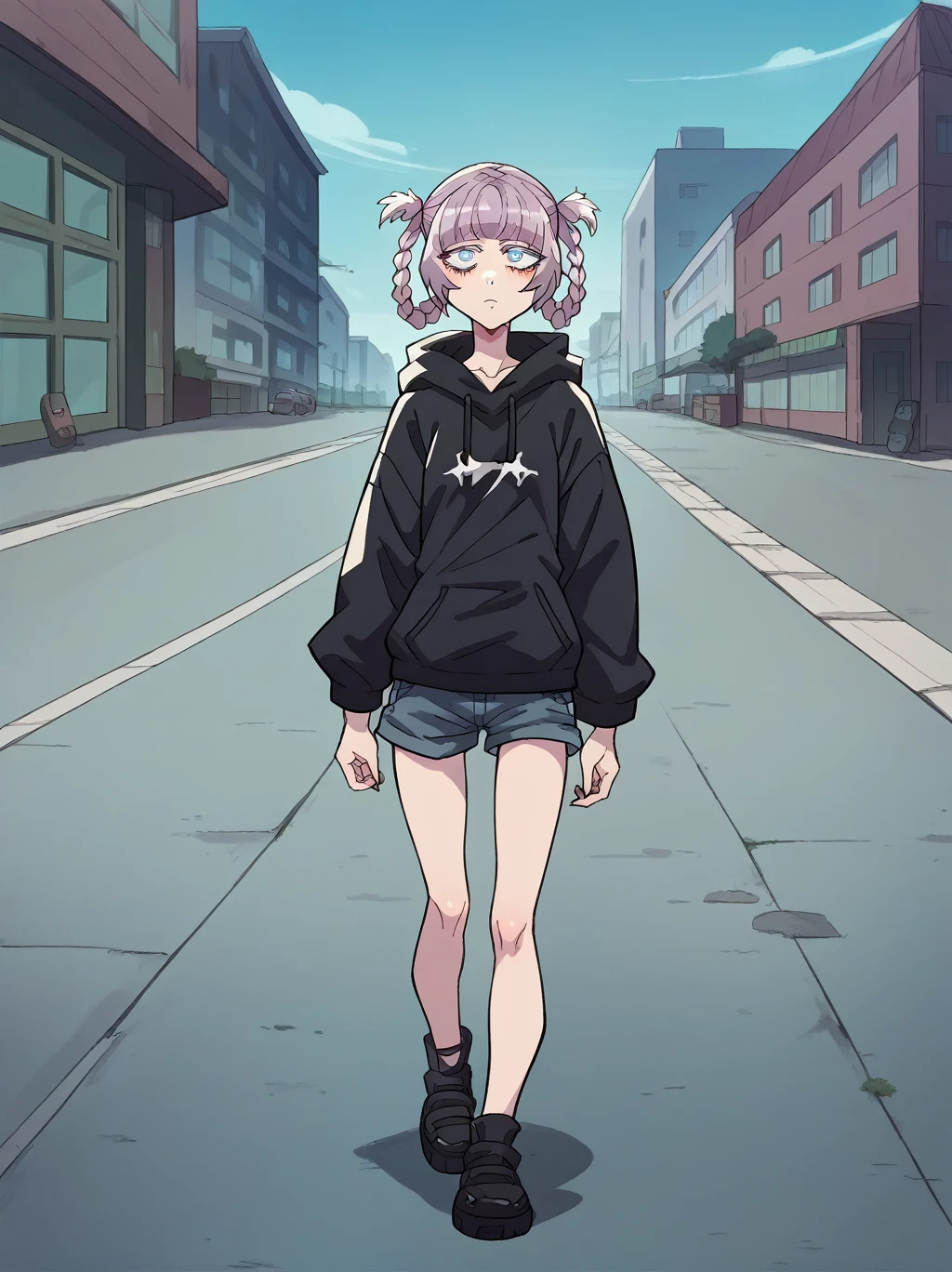 score_9, score_8_up, score_7_up, score_6_up, source_anime, 1girl, nazunaxl, purple hair, braided hair rings, short hair, hair rings, blue eyes, ringed eyes, small breasts, wearing a black baggy hoodie, punk style clouths, sweet expression, walking in the city, shorts.