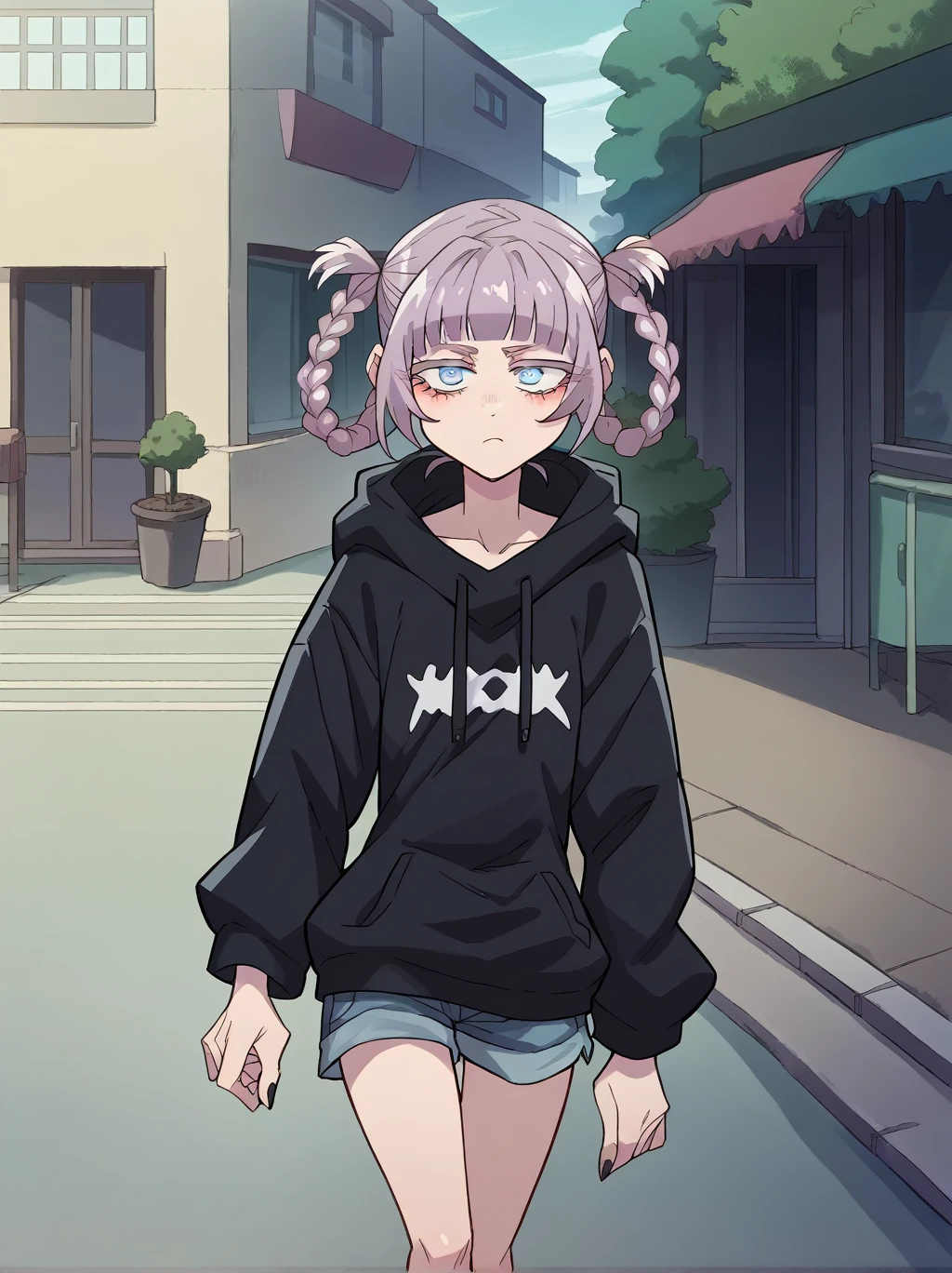 score_9, score_8_up, score_7_up, score_6_up, source_anime, 1girl, nazunaxl, purple hair, braided hair rings, short hair, hair rings, blue eyes, ringed eyes, small breasts, wearing a black baggy hoodie, punk style clouths, sweet expression, walking in the city, shorts.