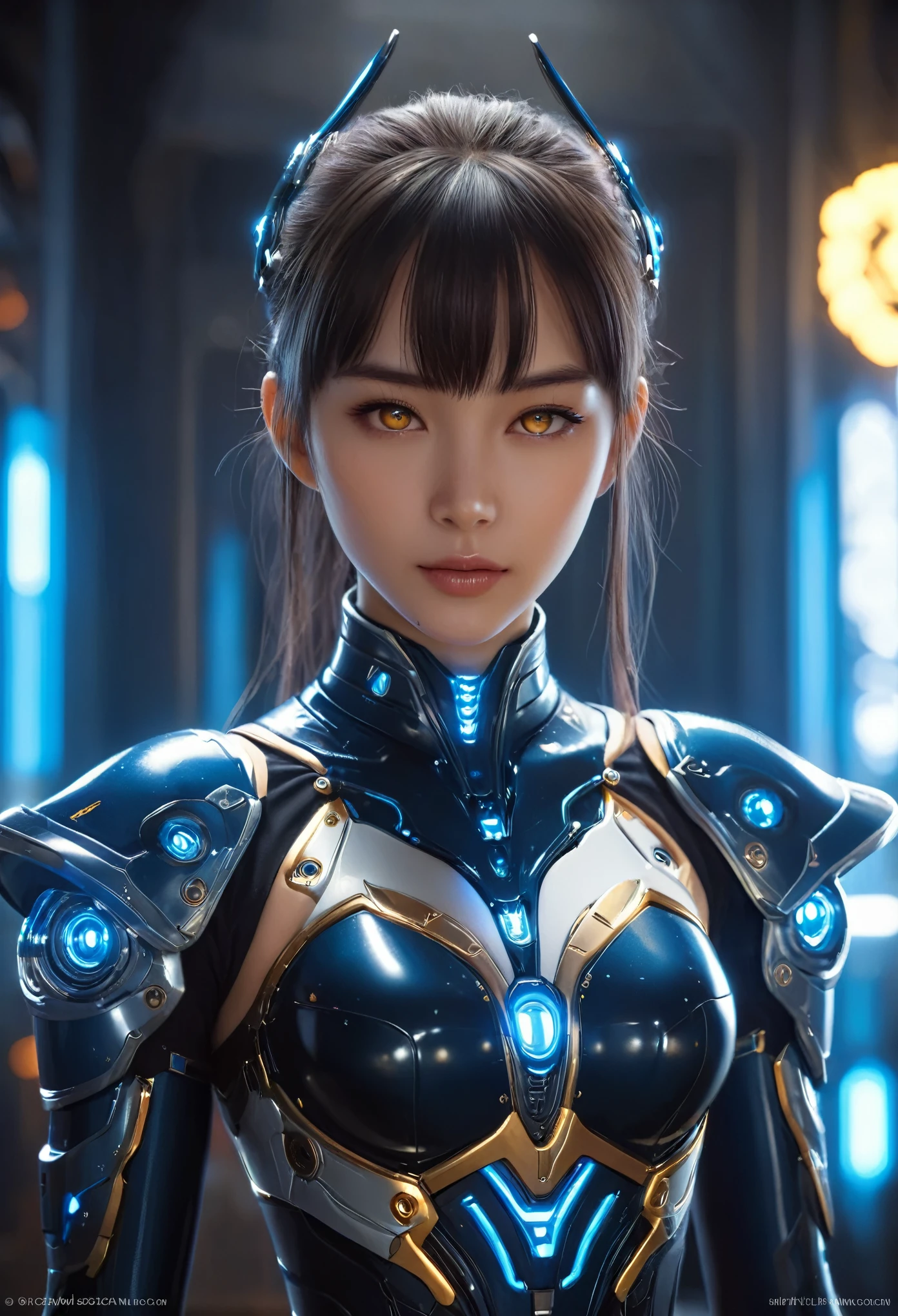 (Best Quality, 4K, 8K, High Resolution, Masterpiece: 1.2), (Super Detailed, Realistic, Photorealistic:1.37), A woman in futuristic clothing, Trending on cgstation, Trending on cgstation, (Portrait of a girl in the Knights of the Zodiac:1.4), blunt bangs, Cute Cyborg Girl, Perfect android girl, Portrait Astronaut Girl, Beautiful girl cyborg, Girl wearing black blue black mechanical cyber armor, Game CG, cgsociety and fenghua zhong, Beautiful Cyborg Shrine Maiden, Bioluminescence, Yua, (Golden eyes:1.5), Anatomically correct grip, (Sharp and long claws:1.4), erotic and sexy