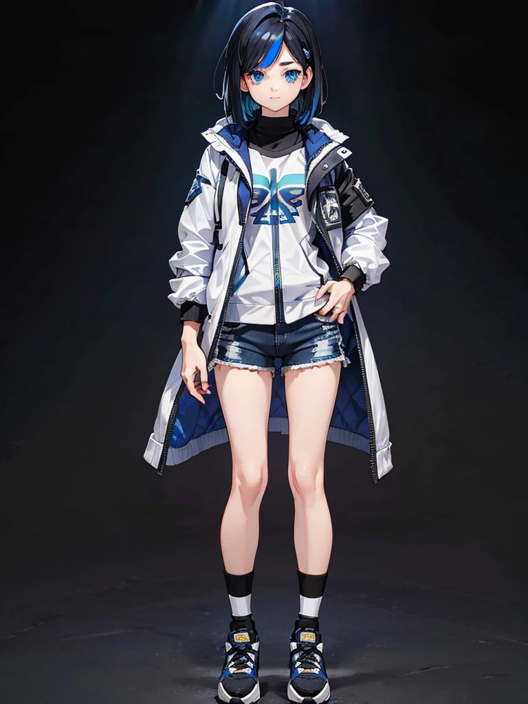 Black background with spotlight, Long eyelashes, Heterochromia iridis,（Blue eyes and rainbow eyes）, Young face, White jacket,Medium Hair, I wore shorts、Wear sneakers、Black hair with blue highlights, whole body