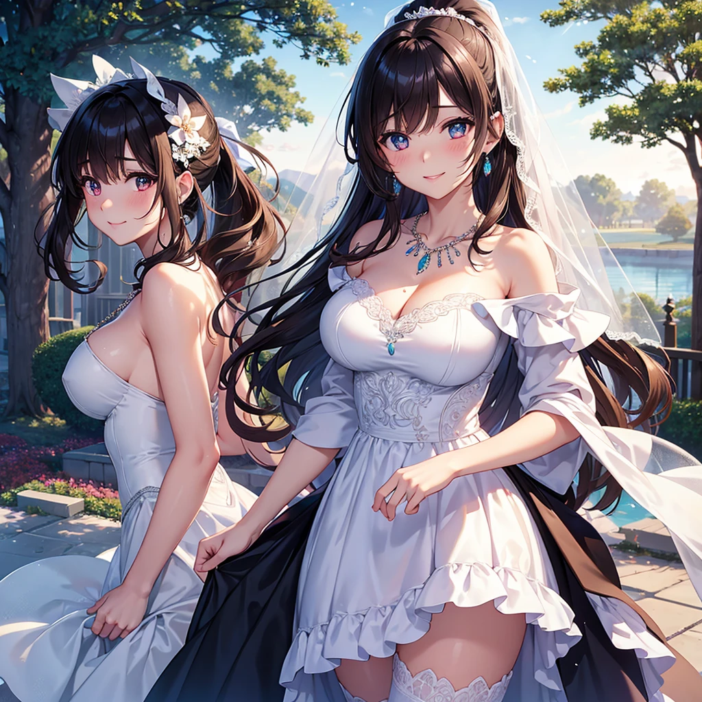 A woman in a dress and stockings standing in front of a tree, wedding dress, off the shoulder, long wedding veil, necklace, jewelry, (skirt parted in front), thigh highs, (panties:0.9), big rounds breasts, dark brown hair, long bangs, long hair, ponytail, wavy hair, expressive hair, shiny hair, hair flower, ribbon, aqua eyes, glowing eyes, pupils sparkling, earrings, smile, glossy lips, blush, embarrassed, nervous smile, beautiful detailed face and eyes, perfect anatomy, standing, outside, jewelry, high detail, anime, anime style, cinematic lighting, dithering, image fill, multiple views, from the front, from above, from below, from behind, from side, wallpaper, game cg, perspective, Wide-Angle, f/1.8, 85mm, Sony FE GM, 8k, super detail, UHD, retina, masterpiece, accurate, anatomically correct, textured skin, high details, best quality, highres, 16k