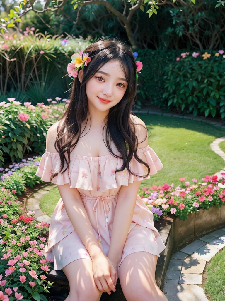 highest quality, High resolution, realistic pictures, detailed skin texture, ((Cute 12 year old Japanese girl wearing a short off shoulder camisole)), view audience, slim body shape, charming gaze,  Fair skin, baby face, (flat chest:1.2), long straight hair, flower hair ornament, (loli:1.2), Cute navel