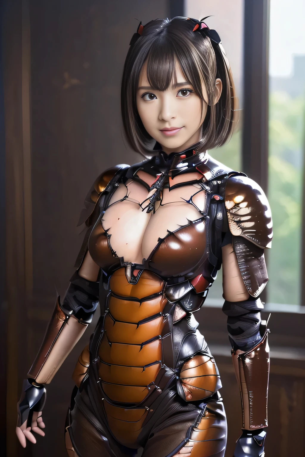 (high resolution,masterpiece,best quality,extremely detailed CG, anime, official art:1.4), realistic, photo, amazing fine details, all intricate, gloss and shiny,awesome many layers, 8k wall paper, 3d, sketch, kawaii, illustration,( solo:1.4), perfect female proportion,villainess, (fusion of dark brown cockroach and lady:1.4), (brown cockroach form lady:1.2), (brown cockroach lady:1.2), (fusion:1.2), (solo:1.4), (evil smile:1.2), muscular, abs, (cockroach brown exoskeleton bio insect suit:1.4), (cockroach brown exoskeleton bio insect armor:1.2), (brown transparency cockroach wing:1.4), (brown cockroach antennae:1.3),