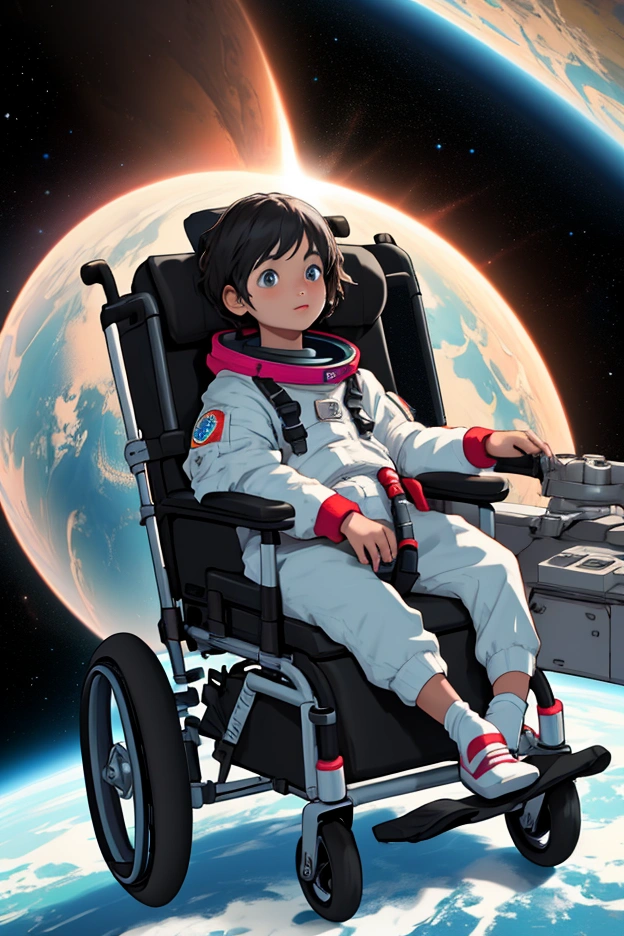 Create a wheelchair-bound child in space exploring planets and black holes 
