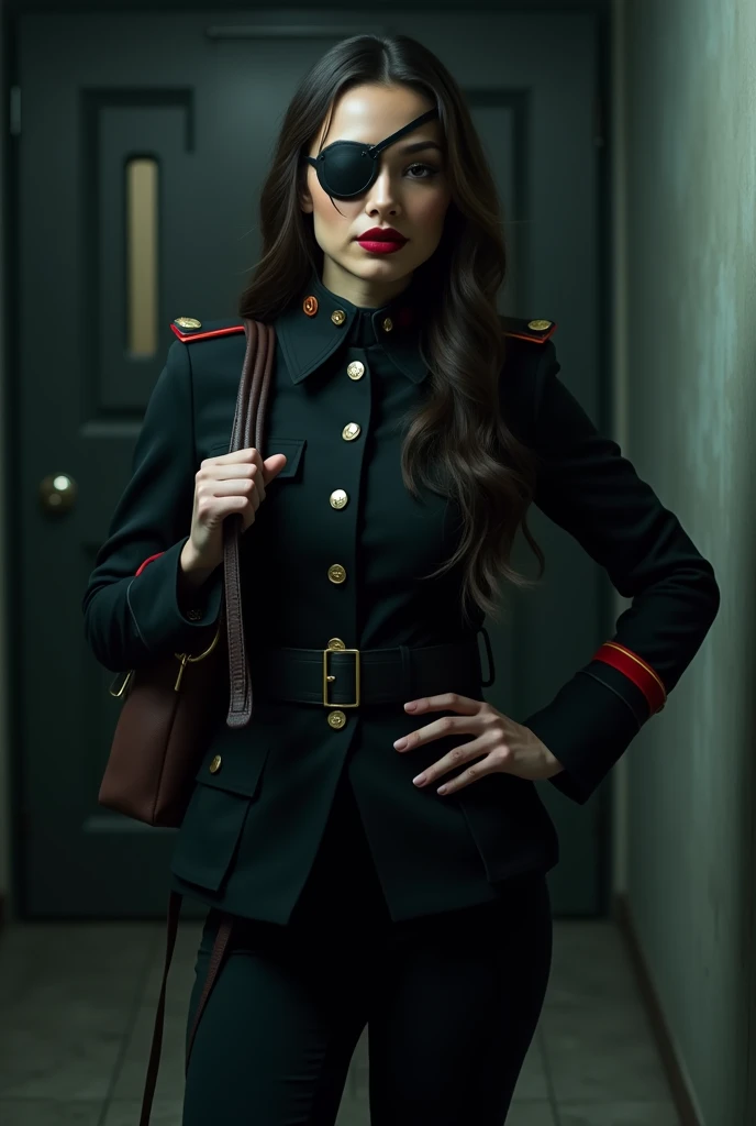 (A black leather eyepatch over one eye:1.9), A young and very beautiful woman in a black sexy tight military uniform. Very detailed顔の特徴, Thick lips, Beautiful Eyes, Perfect Skin, Ideal body type, military cap, Leather Handbags, Holding a whip, Captivating look, In front of a dark basement, Realistic, 8k, Very detailed, Cinema Lighting, Dramatic Shadows, Cold Tones,