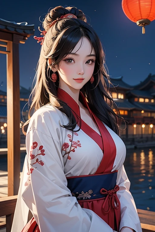 ( High resolution、 Super detailed)、masterpiece、Highest quality、High resolution、8k、Detailed Anime、Buildings from the Tang Dynasty、Tang Dynasty China、Tang Dynasty China、Young and beautiful woman、Beautiful Face、Beautiful Face、Pretty lips、Hanfu、whole body、Hair styled in a bright-colored round bun、Smiling eyes、Walking、Cowboy Shot、background、Buildings from the Tang Dynasty、The city of Chang'an during the Tang Dynasty in China、Plum blossom、river view、Riverside city lights、Lantern Light、Detailed CG、