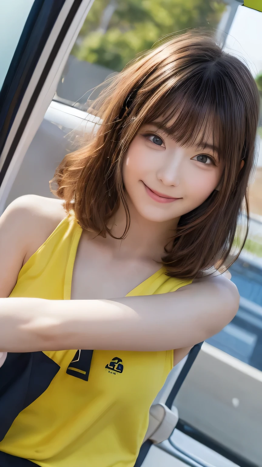 Best image quality (8k, High resolution, masterpiece: 1.2), Very detailed, Random Hairstyles, 26-year-old woman,
Extraordinary beautiful girl、Cute and beautiful face details、(Dealing with the Children_v1:0.008)、
score_9, score_8_upper, score_7_upper,
a Volkswagen Beetle driving along the coastline: a Volkswagen Beetle driving along a beautiful coastline。a quiet atmosphere where you can almost hear the waves crashing。
Camera angle: Shot from a diagonal rear angle、capturing the car driving along the coastline with a wide-angle lens。
,Active stop temporarily ,
On her side、The thunder danced。
Focus on the upper waist
, Random cute poses ,Big eyes ,Puffy eyes , Heart pupil, blush , Big shy smile , salute
