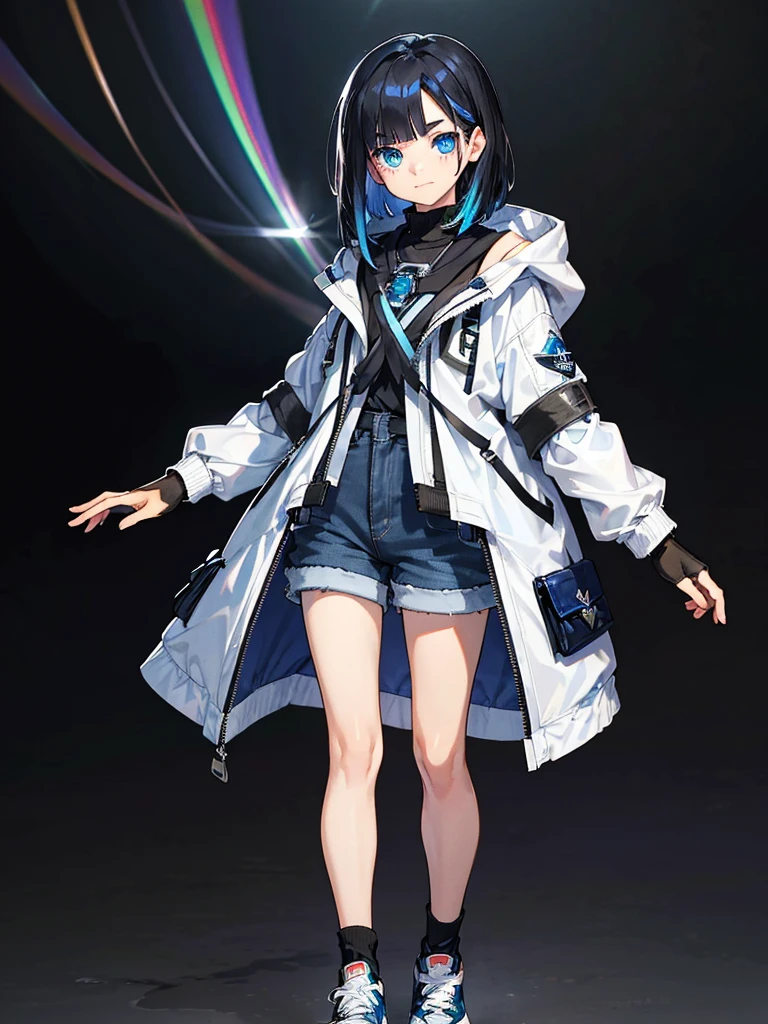 Black background with spotlight, Long eyelashes, Heterochromia iridis,（Blue eyes and rainbow eyes）, Young face, White jacket,Medium Hair, I wore shorts、Wear sneakers、Black hair with blue highlights, whole body