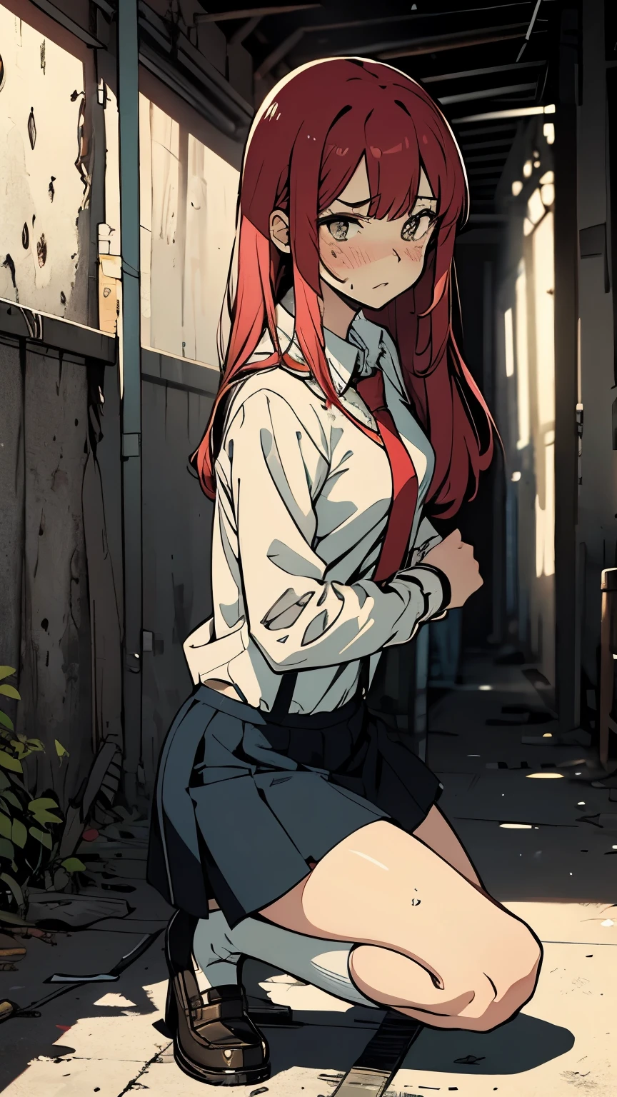 {{standing on one knee:1.6}},{{knee up:1.6}},{{masterpiece}}, {{{Highest quality}}},{{Very detailed}},{{Pain ,Suffering}},{{critical situation:1.6}},,{{from below:1.6}},{{Adult female}},,{{Fighting stance}},｛from side｝,{{Long sleeve mini skirt uniform}},{on one knee{}},}}{}},{fighting stance}},{tall (of a person)　},{}, ,{{Blue mini skirt}},{{Eyelet foot}},,{{blushing with anger}},{{}},,{{}},{{}},,Slender body}}{{Avoidance}},{{High School Girl Fighter}},,,,suspenders　,WHITE Long sleeve mini skirt uniform, White High Socks,Black fingerless gloves, Long Red Hair, Red tie,Straight hair ,Blunt bangs,Thigh holster,loafer,,blush,Wrinkles ,amount,Grit your teeth,suffering,v-shaped eyebrows.,Sweat dripping,Medium chest ,get annoyed,,Slums,,Twisting,