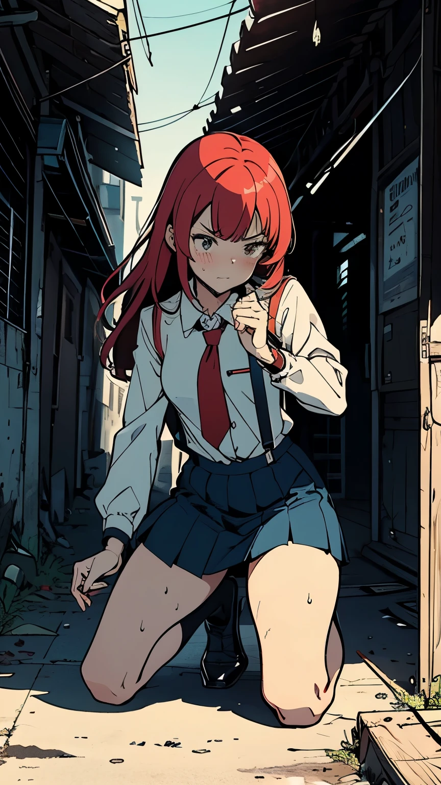 {{standing on one knee:1.6}},{{knee up:1.6}},{{masterpiece}}, {{{Highest quality}}},{{Very detailed}},{{Pain ,Suffering}},{{critical situation:1.6}},,{{from below:1.6}},{{Adult female}},,{{Fighting stance}},｛from side｝,{{Long sleeve mini skirt uniform}},{on one knee{}},}}{}},{fighting stance}},{tall (of a person)　},{}, ,{{Blue mini skirt}},{{Eyelet foot}},,{{blushing with anger}},{{}},,{{}},{{}},,Slender body}}{{Avoidance}},{{High School Girl Fighter}},,,,suspenders　,WHITE Long sleeve mini skirt uniform, White High Socks,Black fingerless gloves, Long Red Hair, Red tie,Straight hair ,Blunt bangs,Thigh holster,loafer,,blush,Wrinkles ,amount,Grit your teeth,suffering,v-shaped eyebrows.,Sweat dripping,Medium chest ,get annoyed,,Slums,,Twisting,