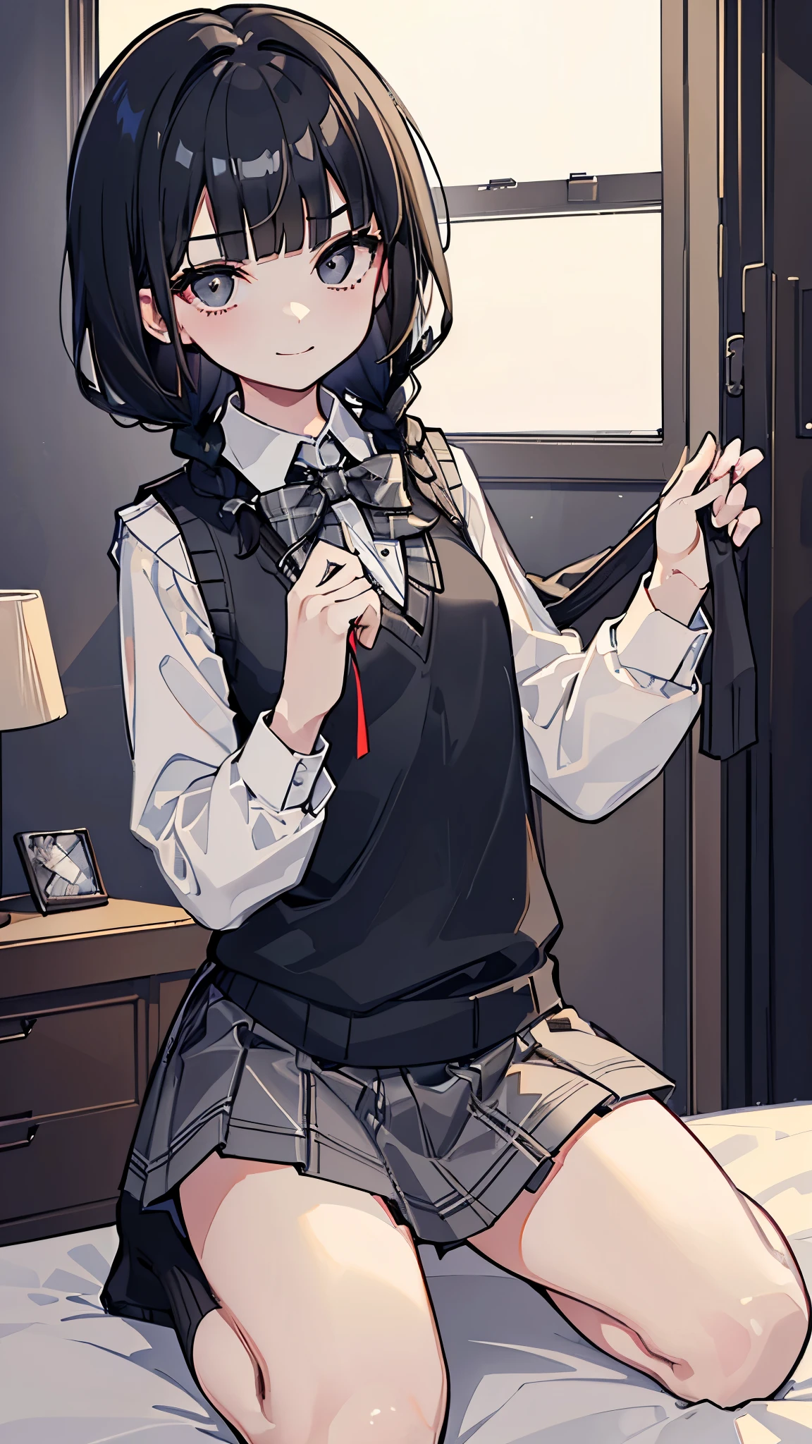 masterpiece、Highest quality、Very detailed))、One person、Black Hair、Black Hair、single braid、blunt bangs、Grey Eyes、evil smile、((Small breasts))、((White collared shirt))、A bow tie、((gray sweater vest))、((plaid miniskirt))、kneeling、On the bed、Bedroom Background