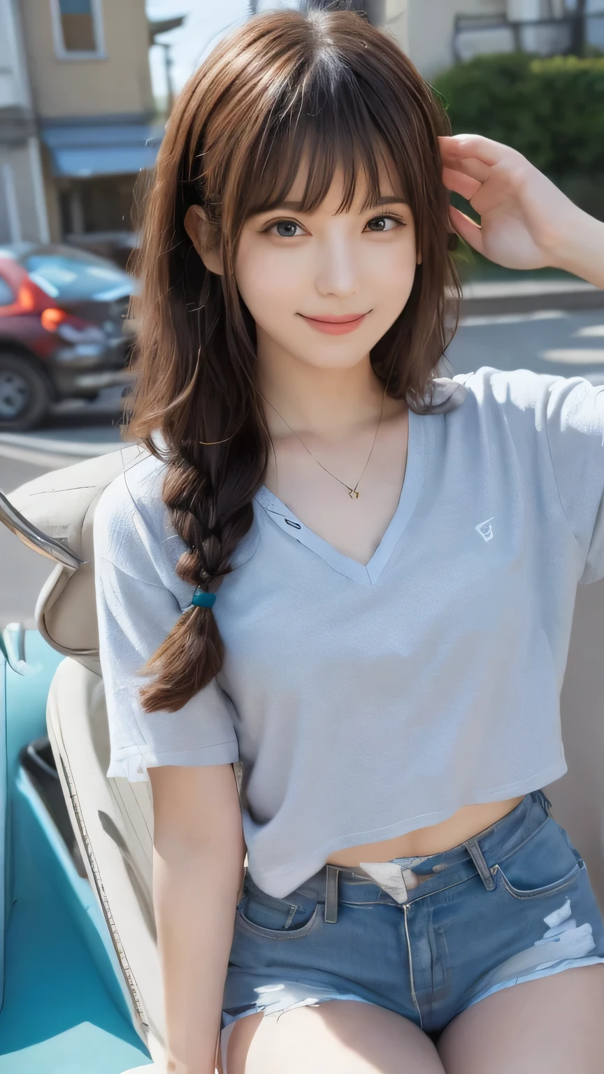 Best image quality (8k, High resolution, masterpiece: 1.2), Very detailed, Random Hairstyles, 26-year-old woman,
Extraordinary beautiful girl、Cute and beautiful face details、(Dealing with the Children_v1:0.008)、
score_9, score_8_upper, score_7_upper,
a Volkswagen Beetle driving along the coastline: a Volkswagen Beetle driving along a beautiful coastline。a quiet atmosphere where you can almost hear the waves crashing。
Camera angle: Shot from a diagonal rear angle、capturing the car driving along the coastline with a wide-angle lens。
,Active stop temporarily ,
On her side、The thunder danced。
Focus on the upper waist
, Random cute poses ,Big eyes ,Puffy eyes , Heart pupil, blush , Big shy smile , salute