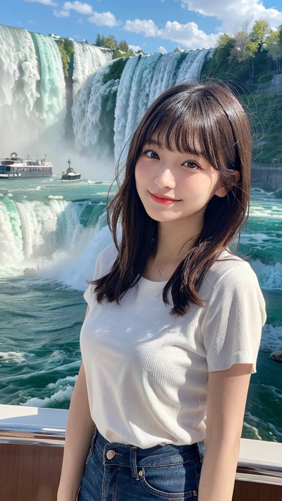 1 girl, (Spring is the time to wear casual clothes:1.2), Very beautiful Japanese idol portraits, 
(RAW Photos, Highest quality), (Realistic, Realistic:1.4), (masterpiece), 
Very delicate and beautiful, Very detailed, 4k wallpapers, wonderful, finely, Very detailed CG Unity 8K 壁紙, Very detailed, High resolution, Soft Light, 
Beautiful detailed, Very detailed目と顔, Beautiful and sophisticated nose, finelyて美しい目, Cinema Lighting, 
(Take a photo in front of Niagara Falls on a sightseeing boat:1.3),
(Medium Hair), (Parted bangs), 
Complete Anatomy, Slender body, Small breasts, smile、blue eyes、