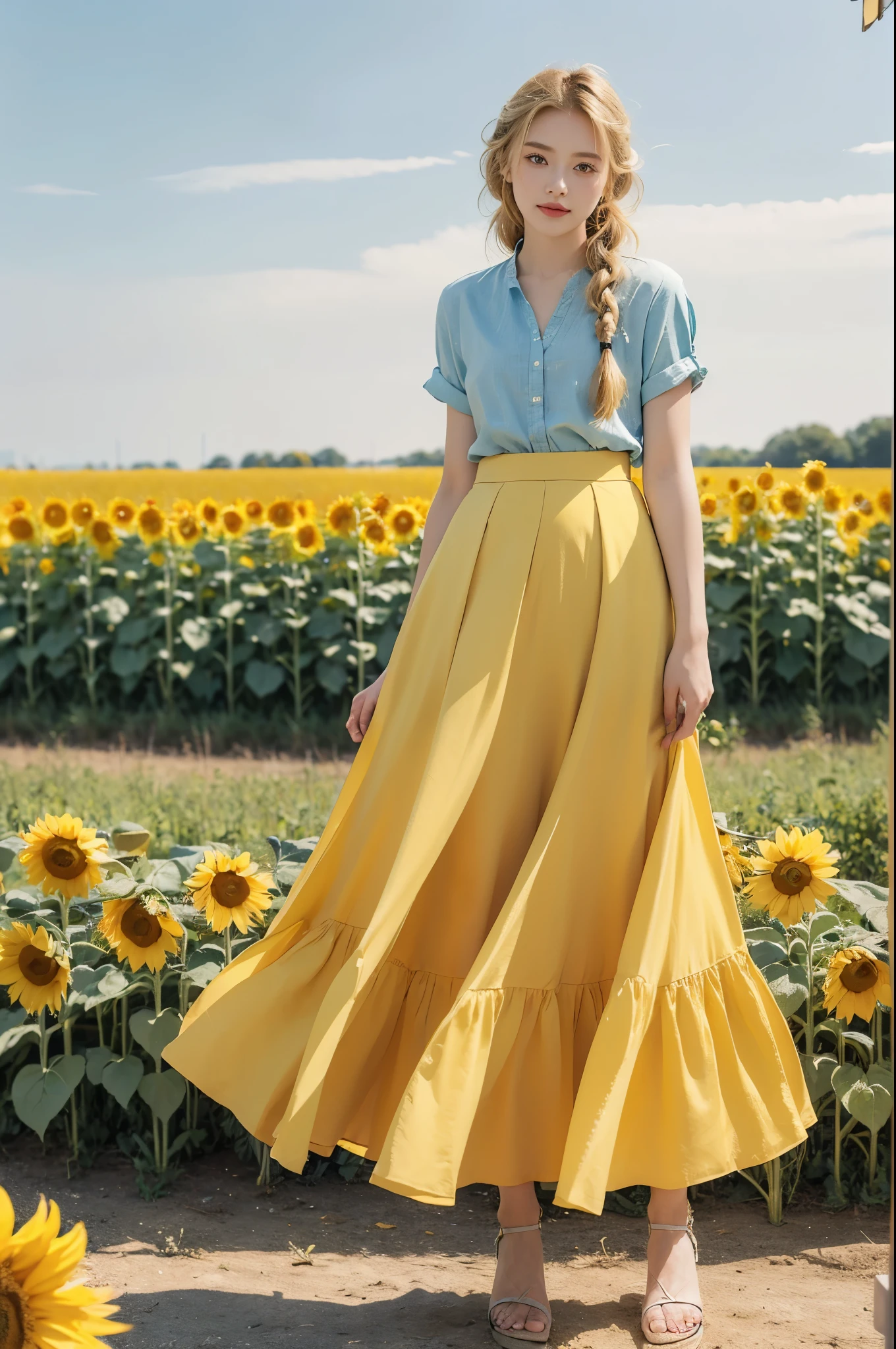 (((best quality))), (((ultra detailed))), (((masterpiece))), illustration,((a beautiful Ukrainian girl,solo)),((slim,thin)),(standing amidst a field of sunflowers:1.3),(short braided blonde hair:1.2), (((vibrant blue shirt,Maxi bright yellow skirt))),((from back,upper body)),complementary attire, horizon as backdrop, brilliant shade of clear blue sky, stark contrast with yellow flowers, sea of yellow sunflowers, girl's presence adds intimacy, striking features, sharp piercing eyes, warm kindness, subtle smile, gentle nature, simplicity of beauty, natural setting, yellow dress cascading to ankles, fluttering in gentle breeze, short braids tied with colorful ribbons, playfulness, beauty in simplicity, girl standing out against vivid backdrop, harmonious fusion of nature's splendor and human grace, viewer captivated by girl's beauty, serenity of sunflower field, invites imagination of tranquility, away from chaos of everyday life, reminder of inherent beauty in world around us, waiting to be discovered