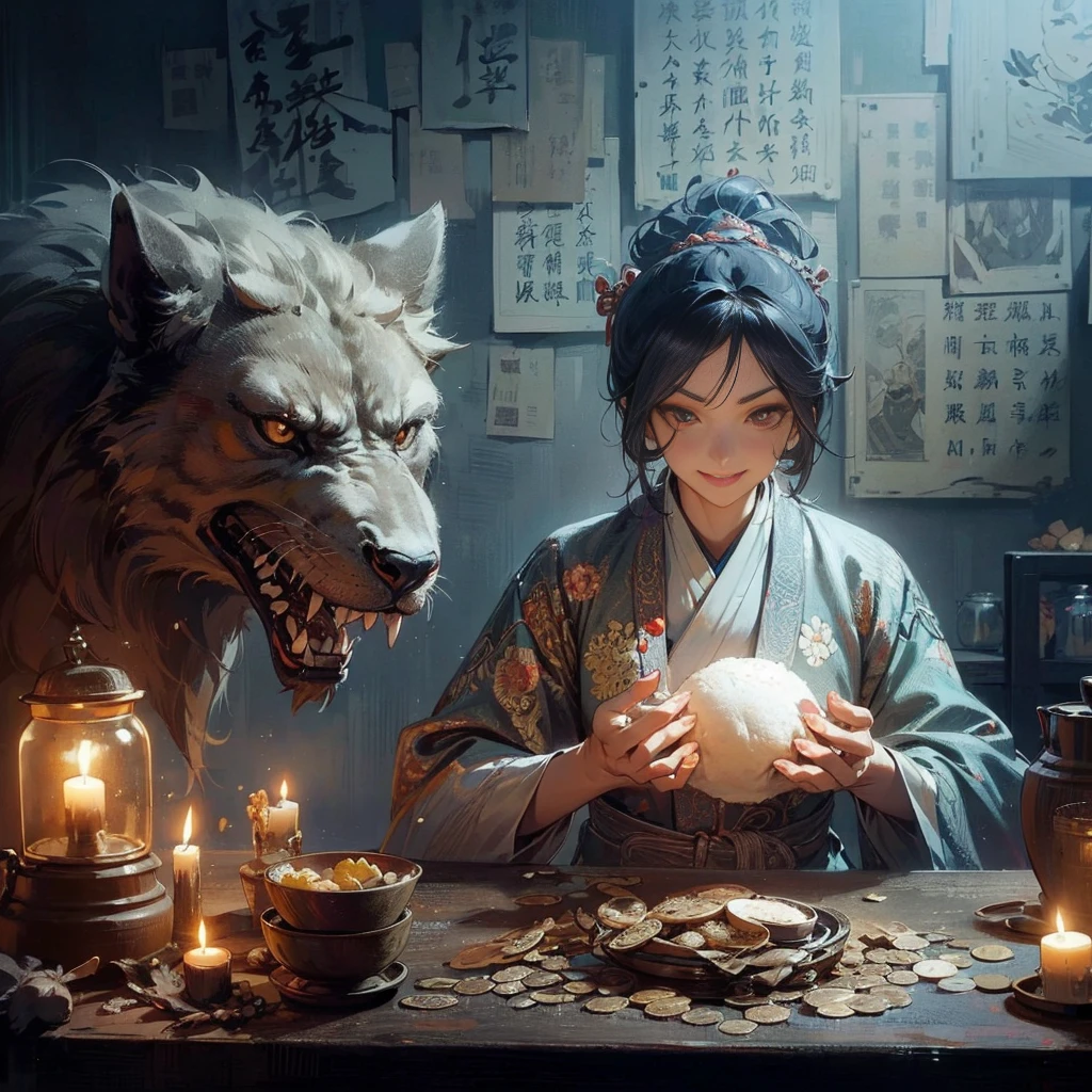 (masutepiece:1.2), (Best Quality:1.2), (high resolution:1.2), (beautiful face and eye:1.2), (sharpest focus:1.2), (Ultra-realistic Photo:1.2), (Ultra-precise Photo:1.2), (Depth of field:1.2), (perfect anatomy:1.2), (nice hands:1.2),
(perfect hands:1.2), (Chinese Song dynasty bar hostess:1.0), (Beautiful middle-aged woman holding a large steamed bun in her hands:1.0), (Gruesome and cruel smile:1.5), (Fierce smile:1.5),
(Proprietress lit by a simple candelabra:1.0), (Large quantity of Chinese Song dynasty coins piled on a crude table:1.0),