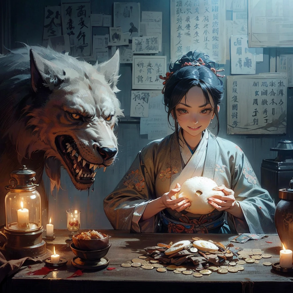 (masutepiece:1.2), (Best Quality:1.2), (high resolution:1.2), (beautiful face and eye:1.2), (sharpest focus:1.2), (Ultra-realistic Photo:1.2), (Ultra-precise Photo:1.2), (Depth of field:1.2), (perfect anatomy:1.2), (nice hands:1.2),
(perfect hands:1.2), (Chinese Song dynasty bar hostess:1.0), (Beautiful middle-aged woman holding a large steamed bun in her hands:1.0), (Gruesome and cruel smile:1.5), (Fierce smile:1.5),
(Proprietress lit by a simple candelabra:1.0), (Large quantity of Chinese Song dynasty coins piled on a crude table:1.0),