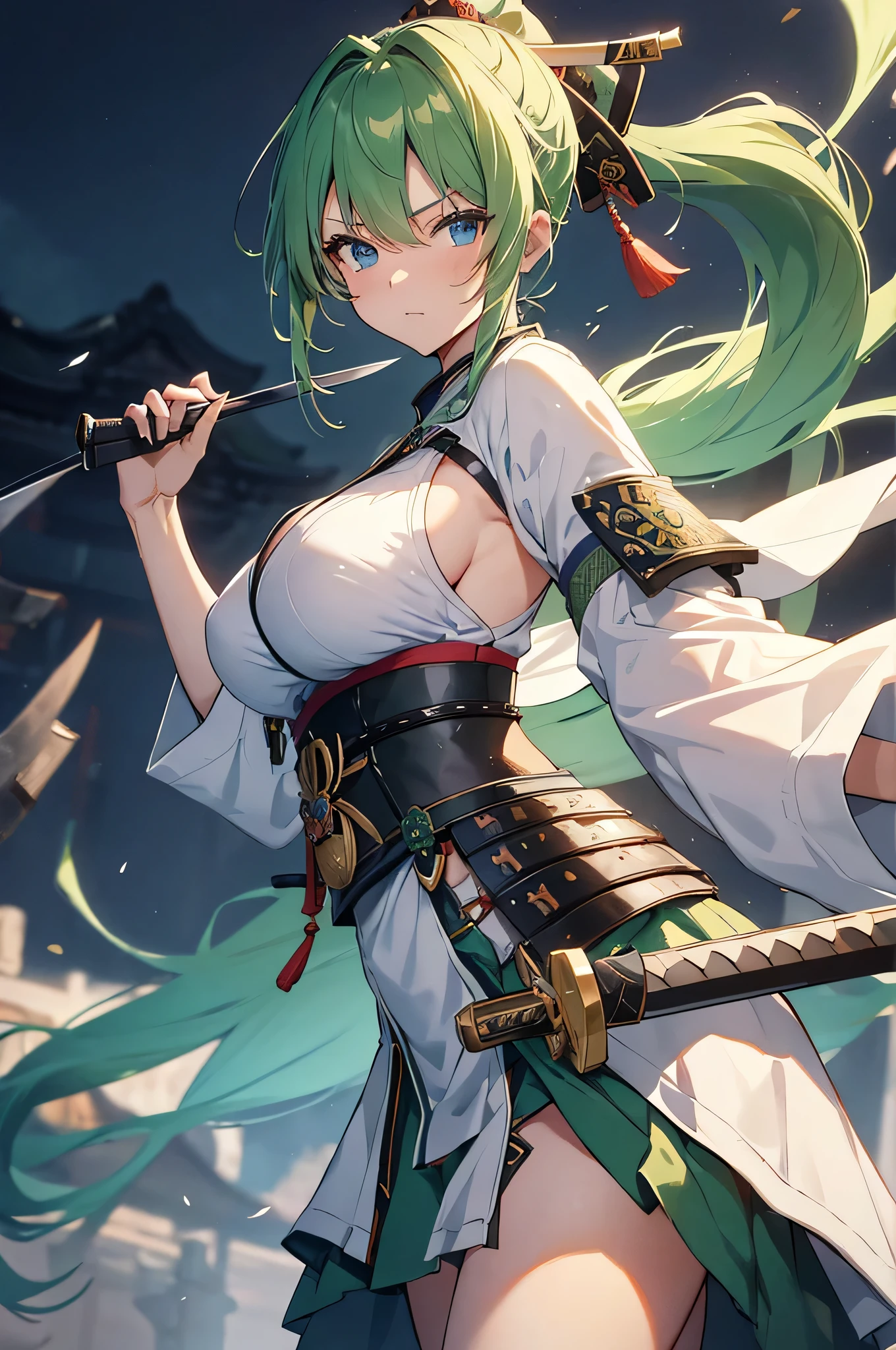 4K,High resolution,One Woman,Green Hair,Long Ponytail,Blue eyes,Big Breasts,Samurai,白色のSamuraiの鎧,Sideboob,Full Armor,White gloves,White shoes,Jewelry decoration,Japanese sword,Medieval village