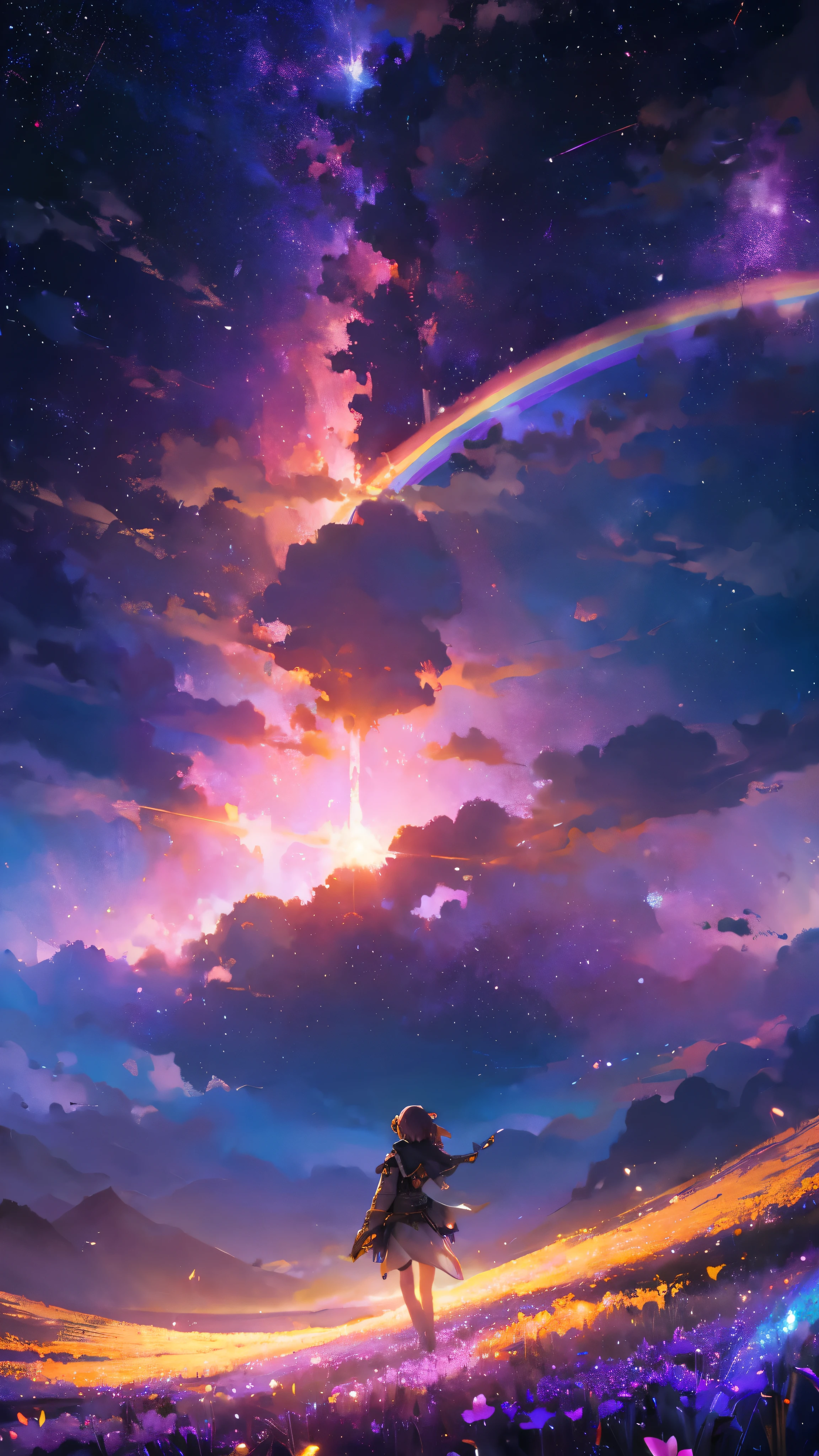 Vast landscape photography, (A view from below, with the sky above and the wide fields below), A girl standing in a flower field looking up, (full moon:1.2), ( shooting star:0.9), (nebula:1.3), Distant Mountain, ツリーブレイクプロダクションアート, (Warm light source:1.2), (ホタル:1.2), ランプ, Lots of purple and orange, Intricate details, Volumetric lighting, Realism Break (masterpiece:1.2), (Highest quality), Very detailed, (Dynamic configuration:1.4), Very detailed, カラフルなディテール, ( Rainbow colors:1.2), (Glowing lights, Atmospheric lighting), dream-like, Magic, (alone:1.2), Surrealism, cinematic lighting, UHD, high details, best quality, highres, 8k