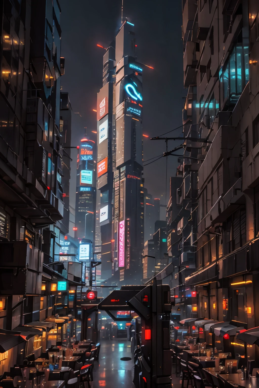 Dining with skyscrapers restaurant night view neon lights cyberpunk big city