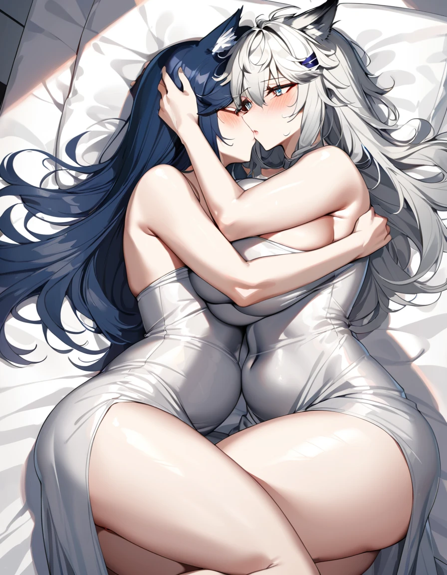 2women,Texas(Arknights),Lappland(Arknights),dark blue hair(Texas),white hair(Lappland),animal ears,curvy bodies, big breast,big thighs, wearing Muslim dresses, hugging each other, laying on bed, kissing passionately,nsfw.
