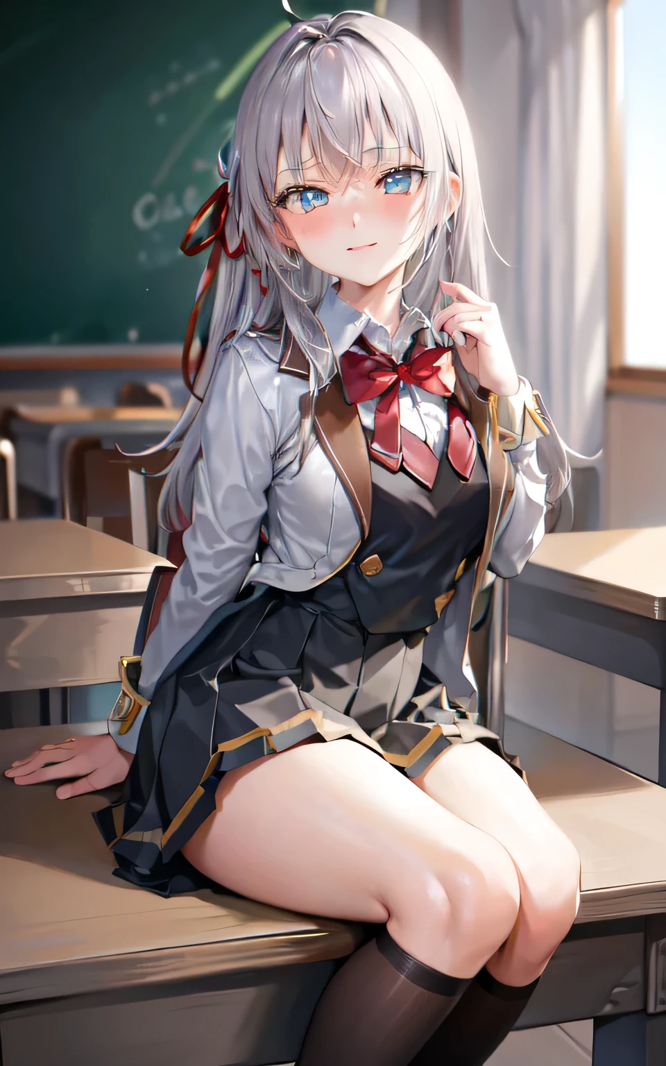 masterpiece, High resolution, Highest quality, figure, Cinematic Light, Super detailed, Detailed face, (((Detailed eyes))), Highest quality, Super detailed, masterpiece, (Detailed face), Alisa Kujou, One person, Long Hair, blue eyes, shirt, bow, ribbon, school uniform, Jacket, hair ribbon, (Gray Hair),Focus Only, bowtie, View the viewer, red bow, red ribbon, red bowtie,skirt, White knee socks, ((school uniform)), classroom,Beautiful eyes,Beautiful hands,Beautiful fingers,fingertip,Beautiful Hair