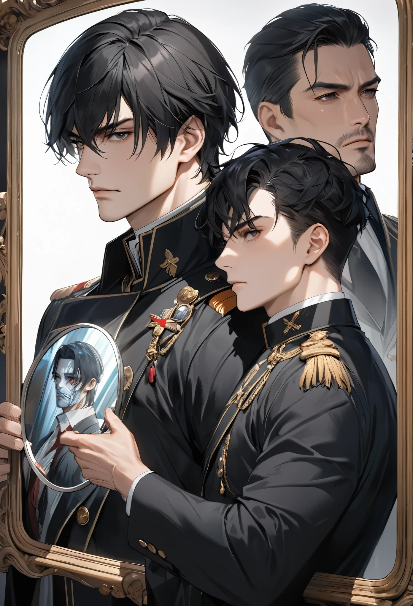 (Highest Resolution, clear_image) Highest quality, ((Two men)), Supporting each other, masterpiece, Attention to detail, Semi-realistic, Black short hair, Black Hair, bangs, mature, young, Tall and strong, The right hand is wearing a black coat, Strict and serious, Tall and handsome, Majestic and powerful, Beautiful Faces, ((With X-ray mirror))