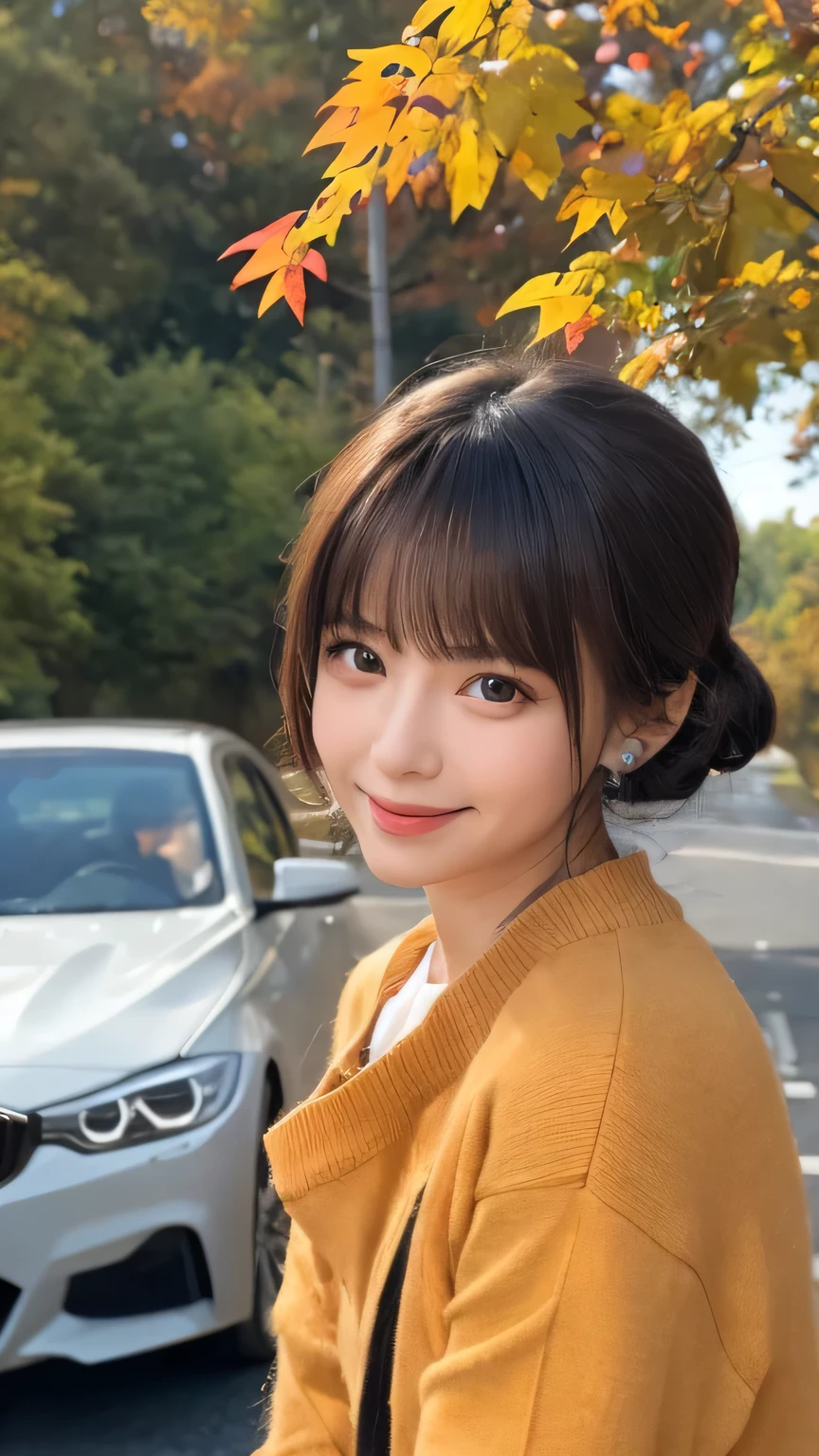 Best image quality (8k, High resolution, masterpiece: 1.2), Very detailed, Random Hairstyles, 26-year-old woman, 

Extraordinary beautiful girl、Cute and beautiful face details、(Dealing with the Children_v1:0.008)、


score_9, score_8_upper, score_7_upper, 

BMW 3 Series captured on an autumn mountain road
Situation: The beautiful autumn foliage creates a picturesque backdrop。Elegant driving scene with falling leaves。
Camera angle: A BMW 3 Series drives along a scenic mountain road, slightly angled from the front、Captured with an emphasis on the contrast between the car and the autumn colors。


,Active stop temporarily ,
On her side、The thunder danced。
Focus on the upper waist


, Random cute poses ,Big eyes ,Puffy eyes ,  Heart pupil, blush  , Big shy smile , salute
