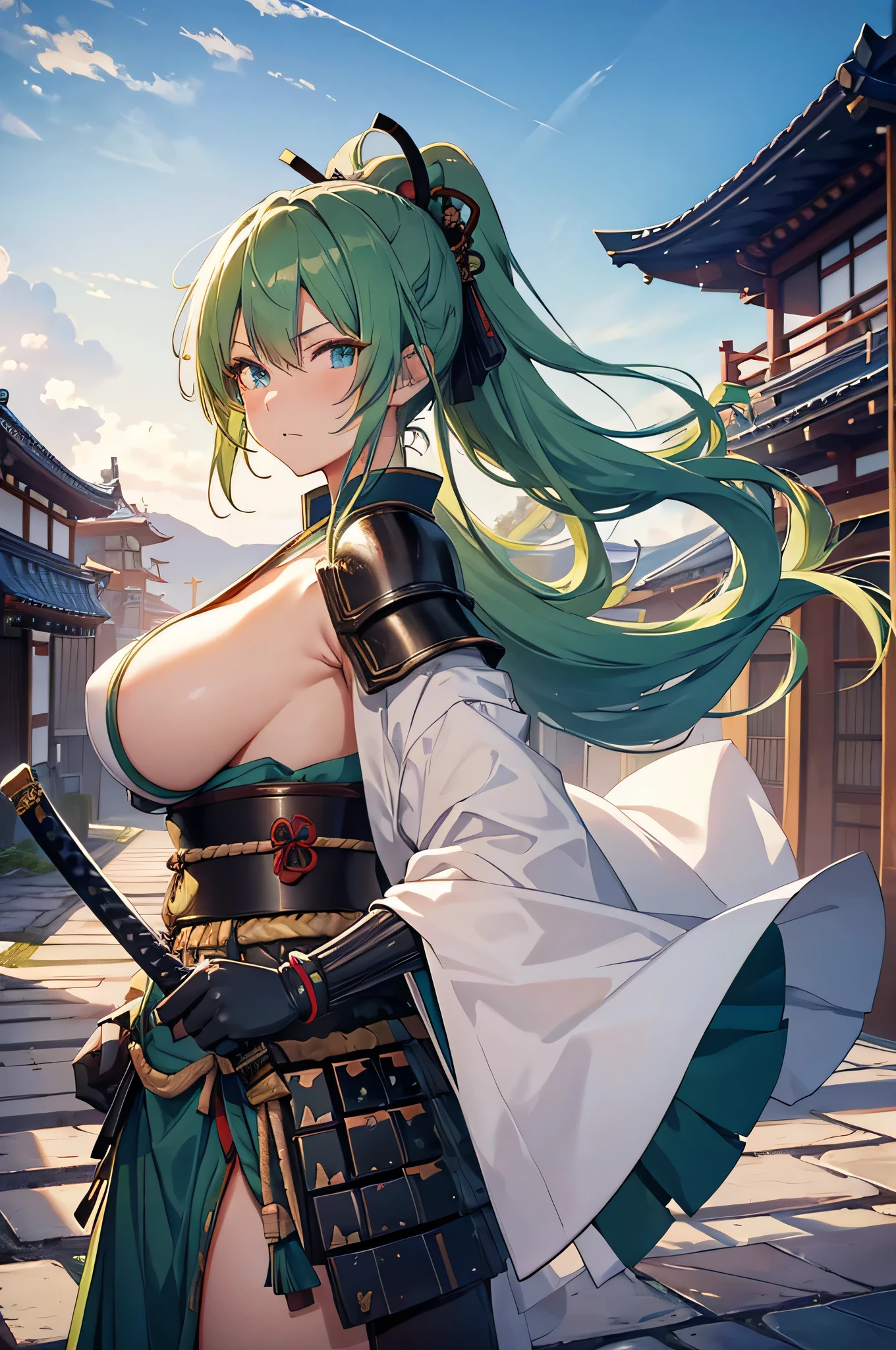 4K,High resolution,One Woman,Green Hair,Long Ponytail,Blue eyes,Big Breasts,Samurai,白色のSamuraiの鎧,Sideboob,Full Armor,White gloves,White shoes,Jewelry decoration,Japanese sword,Medieval village