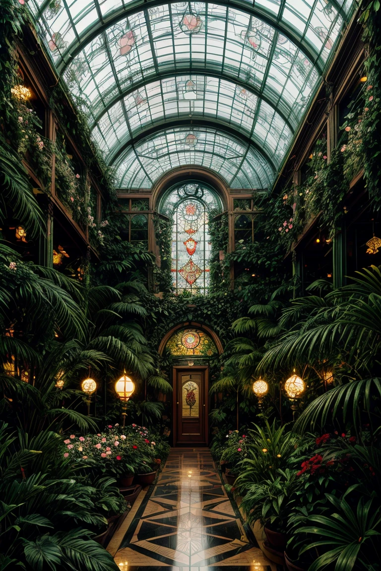 Inside a winter garden botanical conservatory designed in Art Deco style with a steampunk twist, blooming roses flourish under a glass-dome roof amid lush tropical plants and a stone floor, framed by huge glass windows and floral stained glass elements, neon colors infuse the scene with a dreamy, fantasy ambiance reminiscent of the works of John William Waterhouse, Charlie Bowater, Agnes Cecile, Mucha, and Gabriel Ferrier, digital illustration with golden ratio, sharp focus