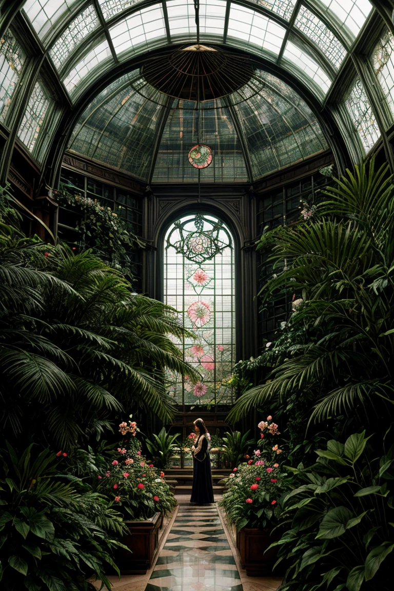 Inside a winter garden botanical conservatory designed in Art Deco style with a steampunk twist, blooming roses flourish under a glass-dome roof amid lush tropical plants and a stone floor, framed by huge glass windows and floral stained glass elements, neon colors infuse the scene with a dreamy, fantasy ambiance reminiscent of the works of John William Waterhouse, Charlie Bowater, Agnes Cecile, Mucha, and Gabriel Ferrier, digital illustration with golden ratio, sharp focus