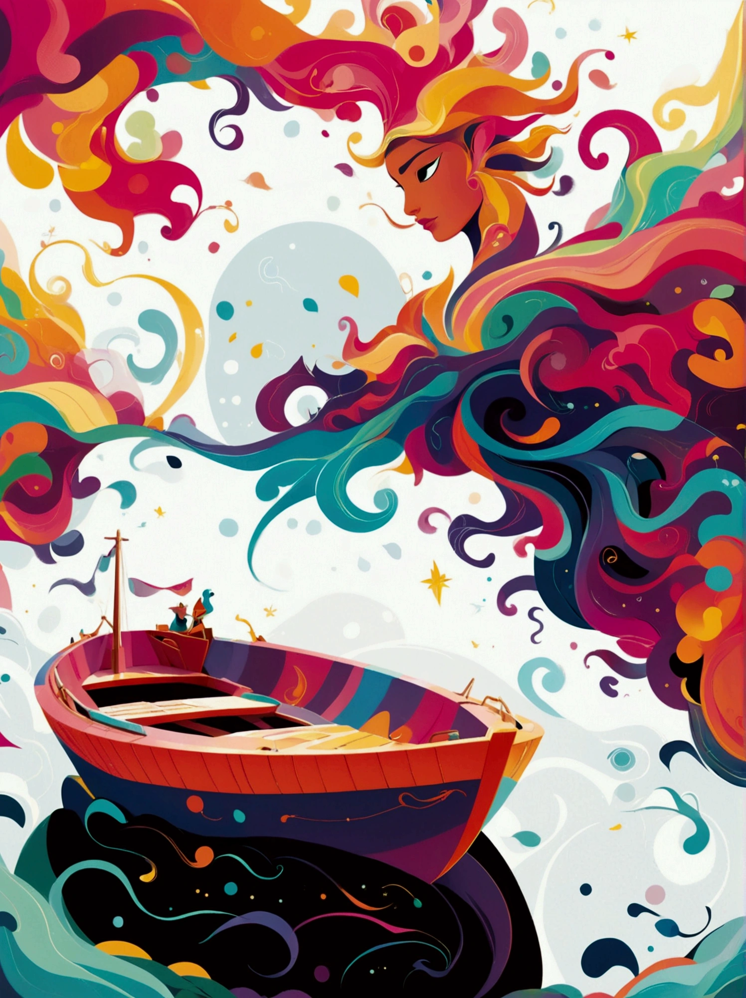 (negative space:1.5), a Boat, colorful cartoon-style illustration from an award winning animated movie, illustrated in bold outlines, showcasing its colors and shapes. The character is depicted adorned colorful energy against a white background, mythical creature, shsw