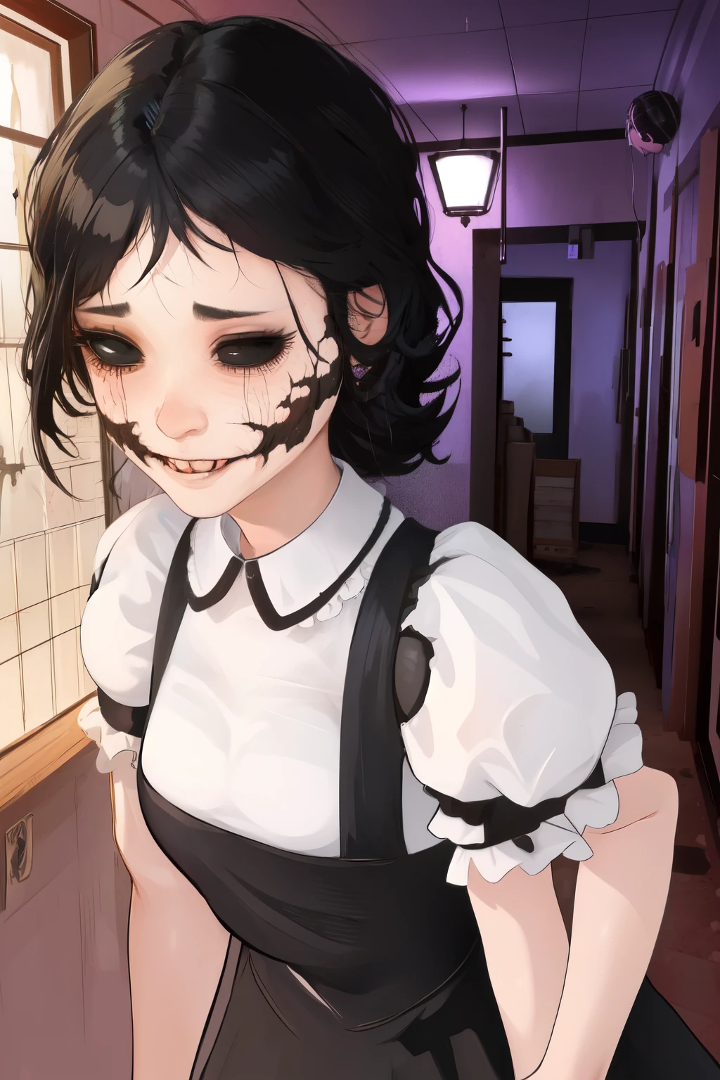 agatha,black hair,black eyes,
puffy sleeves,black dress,white shirt,black gloves,claws, embarassed face, blushed cheeks, in love, sweet smile,
abandoned school,night,dark corners,
(insanely detailed, beautiful detailed face, masterpiece, beautiful detailed eyes, best quality),