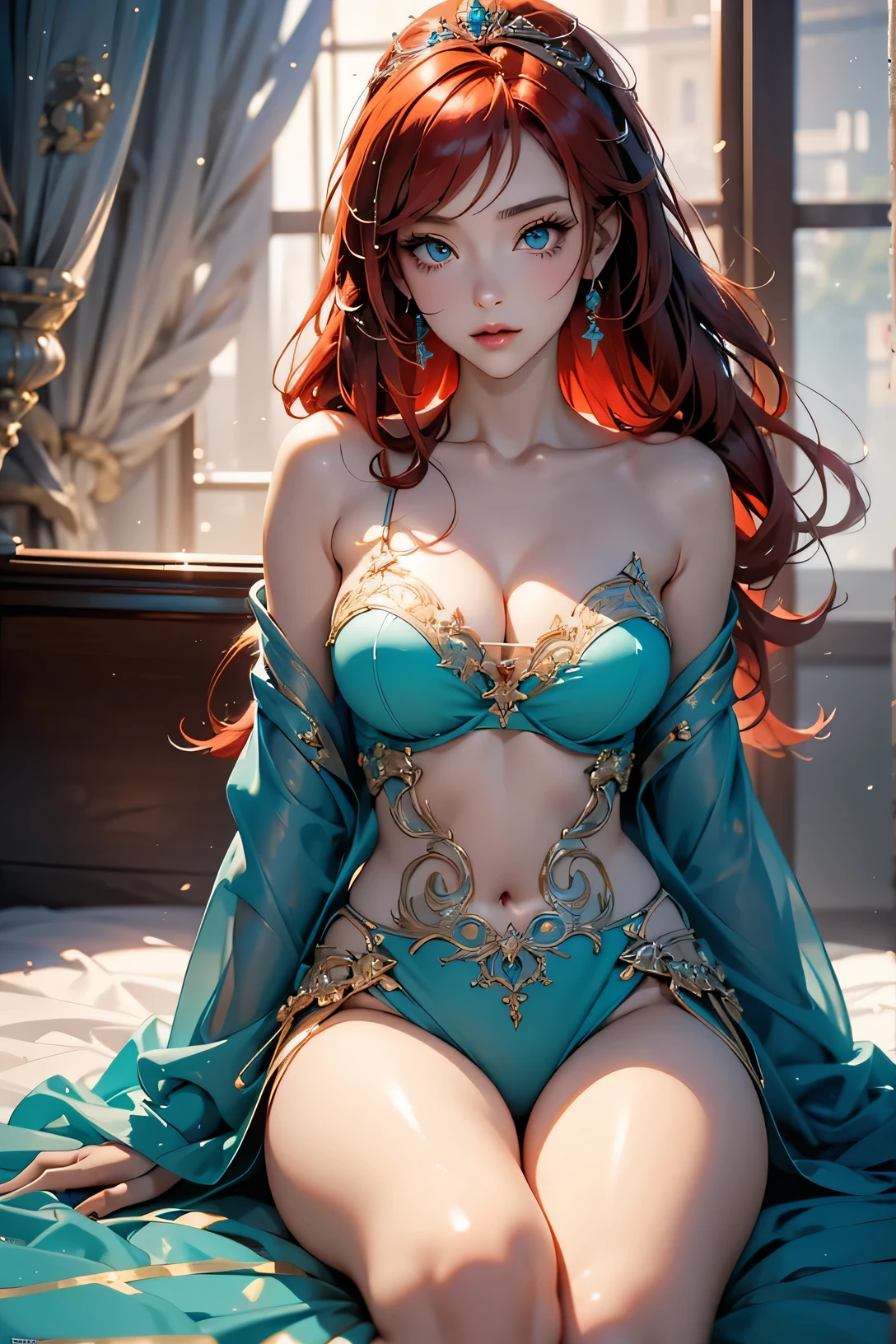 (best quality,high resolution:1.2),Extremely detailed,Practical,photoPractical:1.37,A beautiful girl (Yoruichi Shihouin - Bleach) Fantasy style model,18 years old,Long legs,Medium breasts,Extremely detailed face (Emphasize the blue eyes),Her red hair fell on her shoulders,She wears sexy white outfits,Showcasing her slender and sexy figure,Bend down, More sensual poses,illustration,Colorful pop art style,Dynamic Lighting, National Foundation,Beautiful fantasy girl, Fantasy art style, Popular on cgstation, Beautiful and elegant queen, beautiful girl, Glowing skin, Complex and gorgeous anime CGI style, ((Beautiful fantasy teal queen)), Beautiful and charming Reality woman, Glowing skin, red hair, white clothes,lying on the bed, black bra,