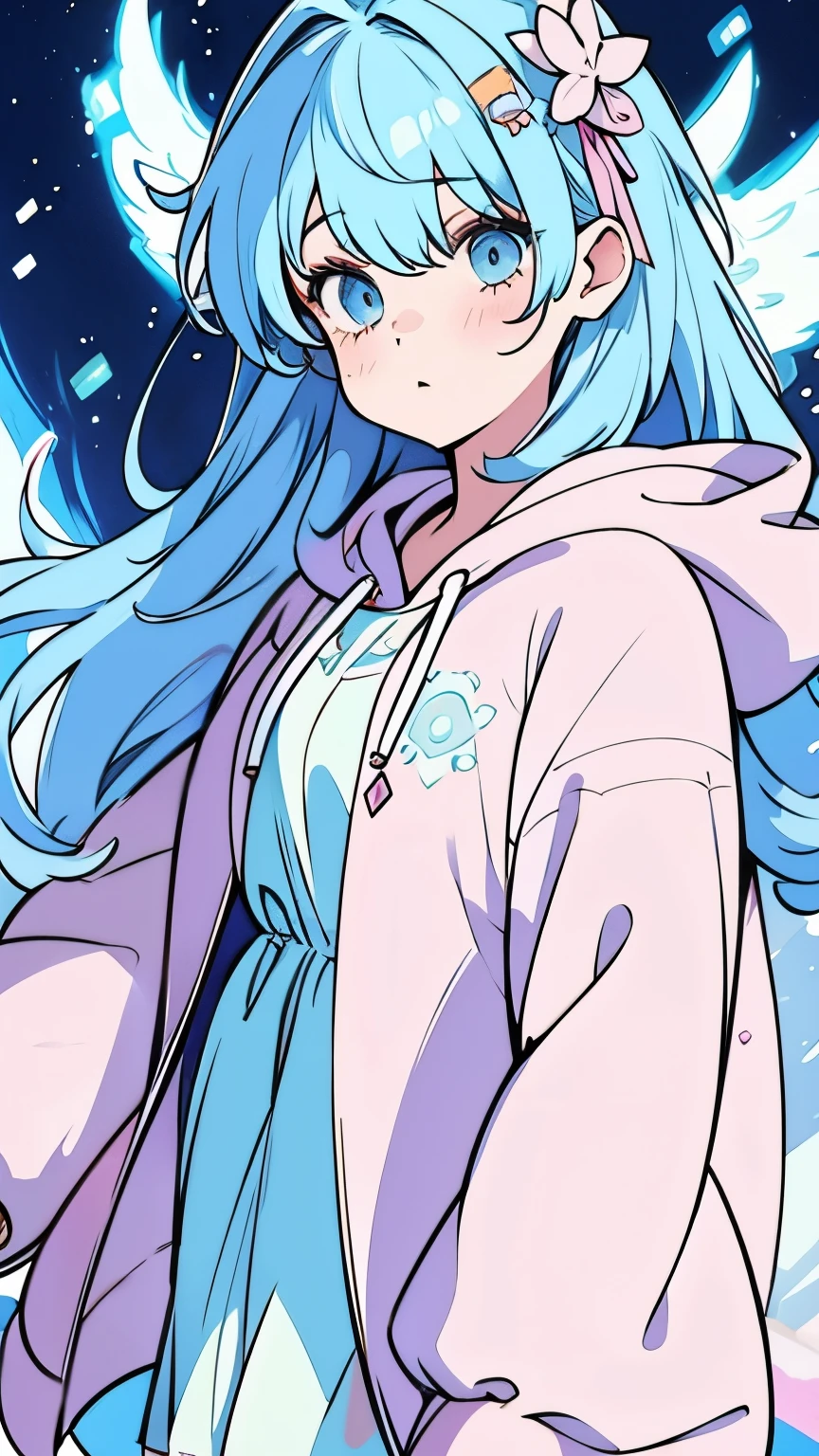 a majestic girl pastel color hair wearing a hoodie using magic