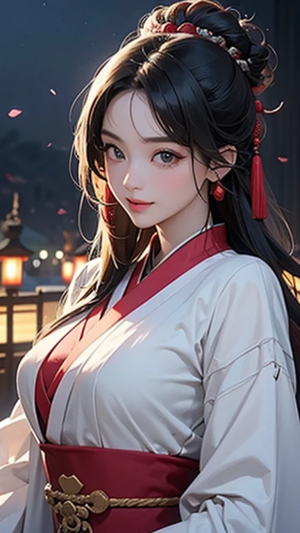 ( High resolution、 Super detailed)、masterpiece、Highest quality、High resolution、8k、Detailed Anime、Buildings from the Tang Dynasty、Tang Dynasty China、Tang Dynasty China、Young and beautiful woman、Beautiful Face、Beautiful Face、Pretty lips、Hanfu、(whole body)、Hair styled in a bright-colored round bun、Smiling eyes、Walking、Cowboy Shot、background、Buildings from the Tang Dynasty、The city of Chang'an during the Tang Dynasty in China、Plum blossom、river view、Riverside city lights、Lantern Light、Detailed CG、