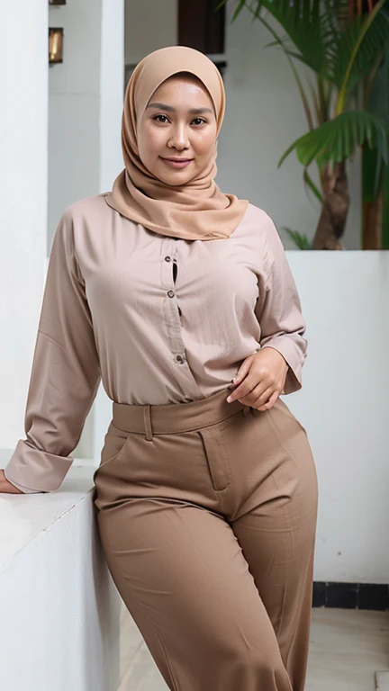 indonesian woman,((40 years old)), hijab, beautiful face, tan skin, long shirt, pants, big hips, soft smile, sweet face