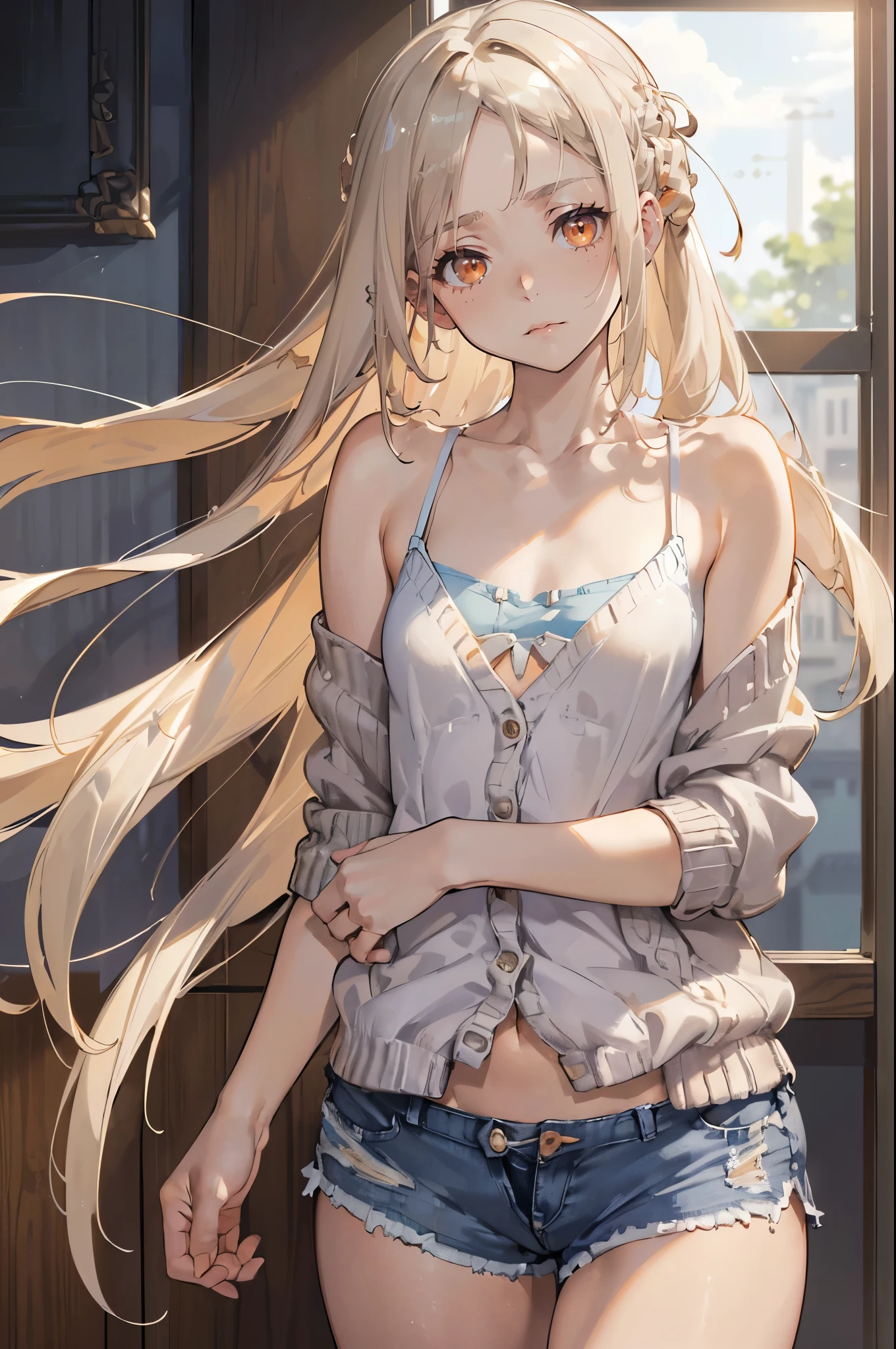 Photorealistic:1.5, Beautiful woman, hairstyle that bounces outward, (platinum blond hair:1.5), (parted bangs:1.5), (amber color eyes:1.5), (sleepy face:1.5), (tilt one's head:1.5), (hairpin:1.1), (masterpiece:1.3), (best quality:1.3), high-resolution, Head-on angle, Body facing forward, solo, beautiful detailed eyes, mid day, (((best quality, textile shading, ultra detailed))), extremely detailed CG unity 8k wallpaper, Highly Detailed beautiful and aesthetic, high resolution, detailed, dramatic lighting, 1Character, soft, gentle colors, (flat chest:1.5), (white camisole:1.5), (blue shorts:1.5), (Navel peeking out a little:1.2), (super long hem summer cardigan:1.5), (skinny:1.5), blur background, classroom, standing:1.2,